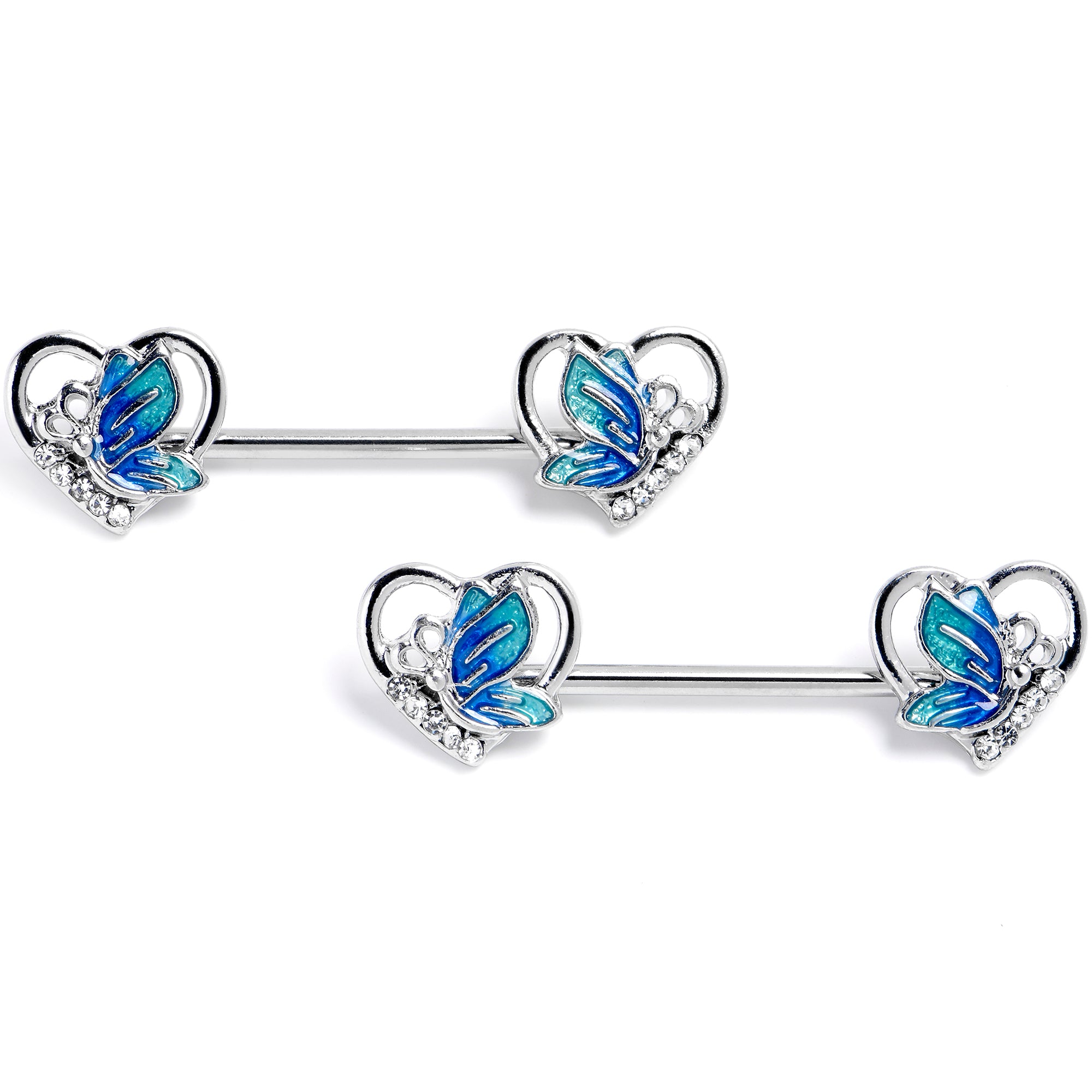 14G 9/16 Clear Gem Butterfly Love Heart Blue Barbell Nipple Ring Set