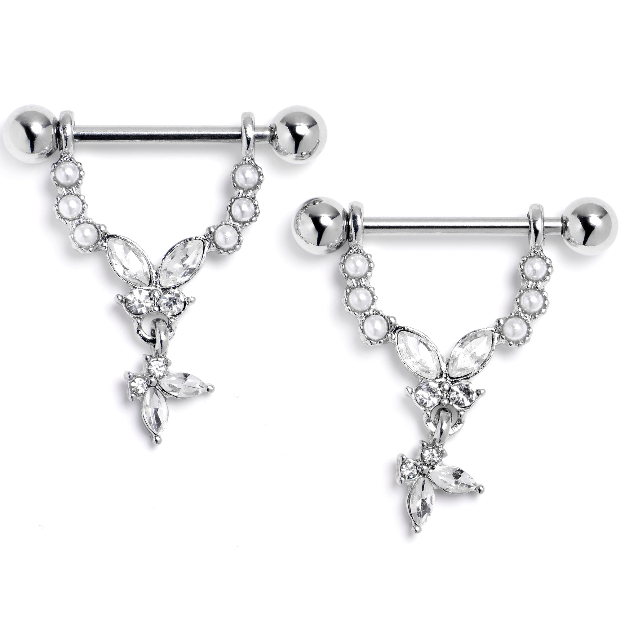14G 9/16 Clear Gem Double Butterfly Glam Dangle Nipple Ring Set