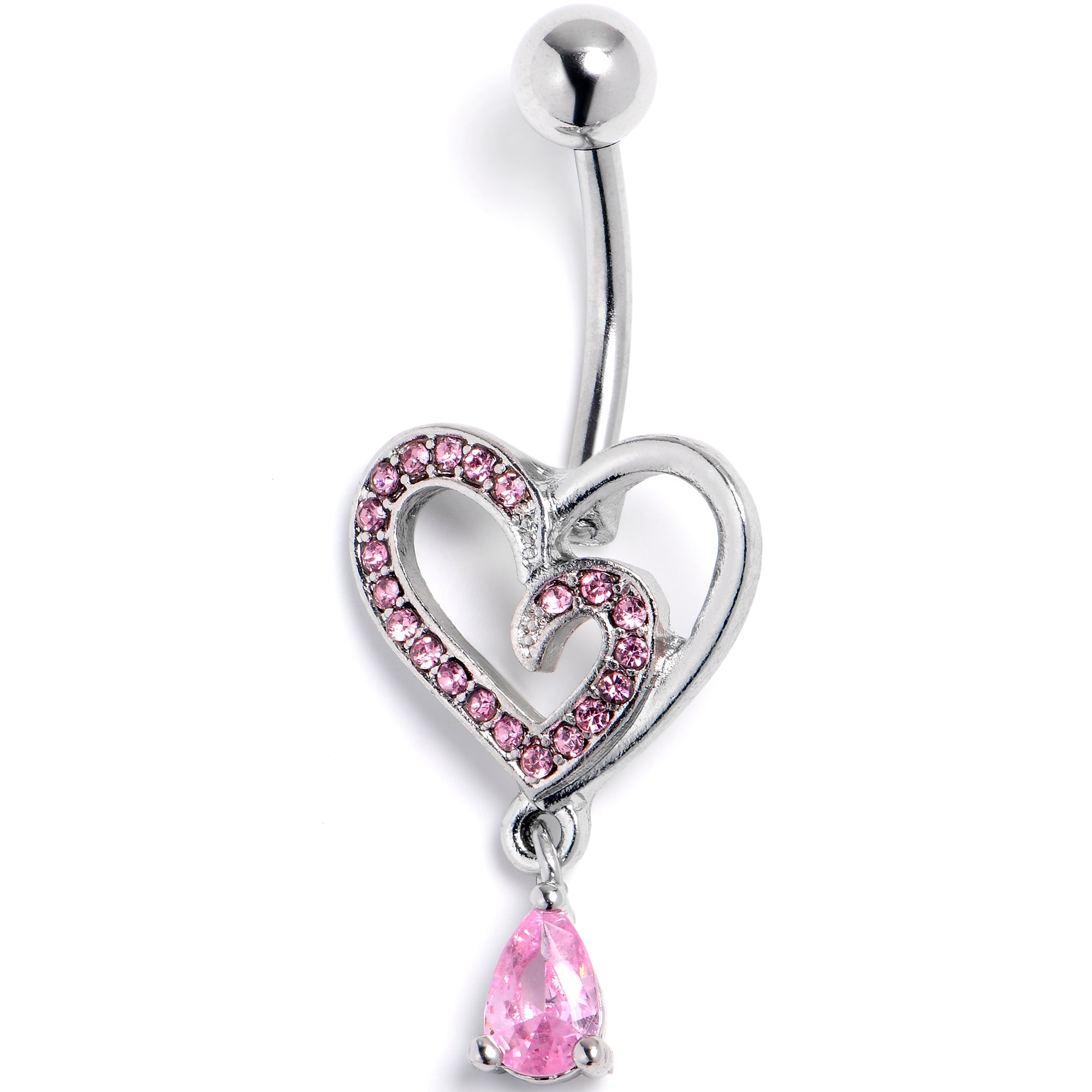 Pink CZ Gem Asymmetrical Heart Dangle Belly Ring