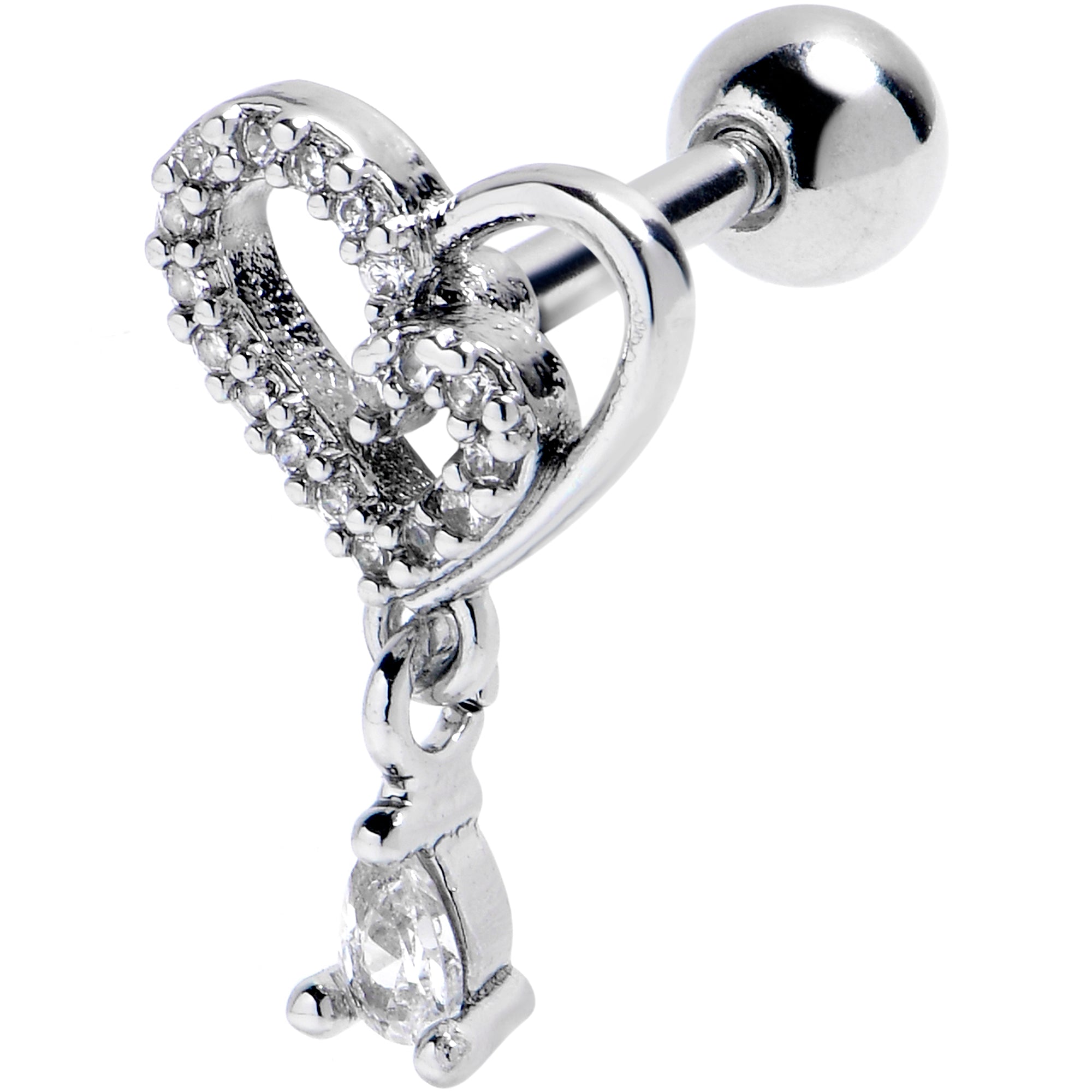 16G 1/4 Clear CZ Gem Asymmetrical Heart Dangle Cartilage Earring