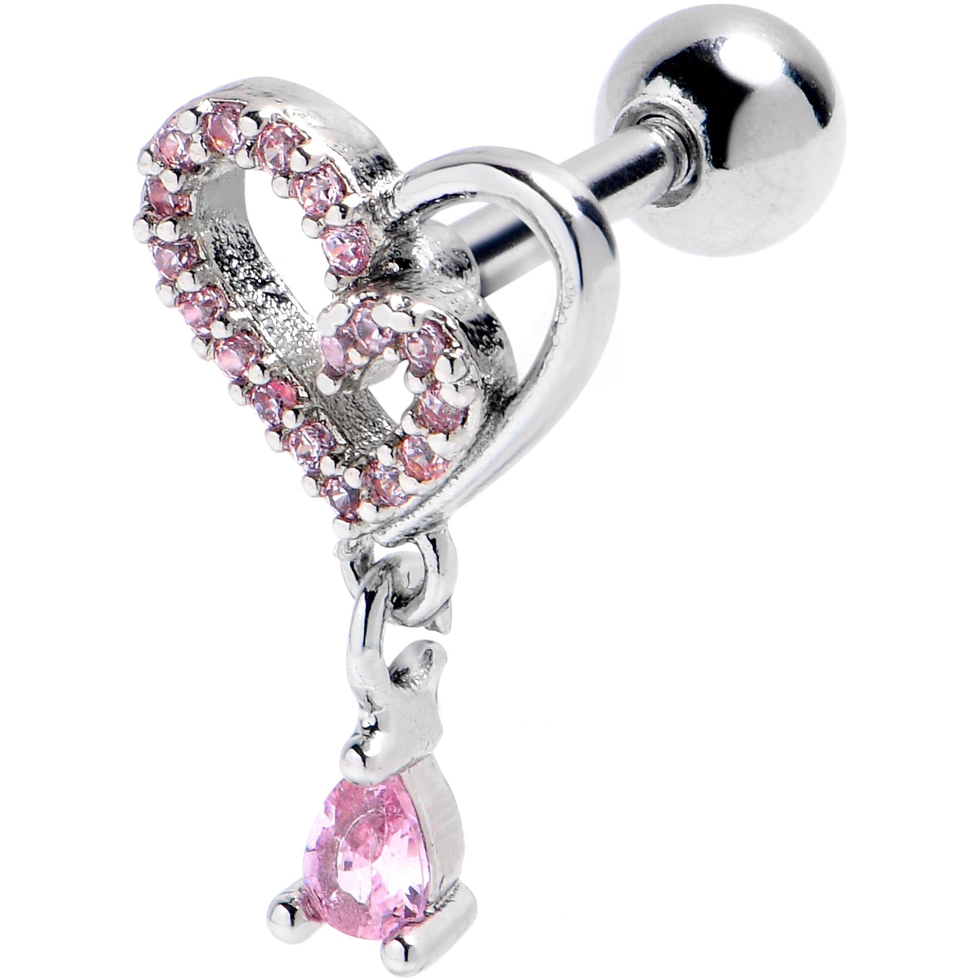16G 1/4 Pink CZ Gem Asymmetrical Heart Dangle Cartilage Earring