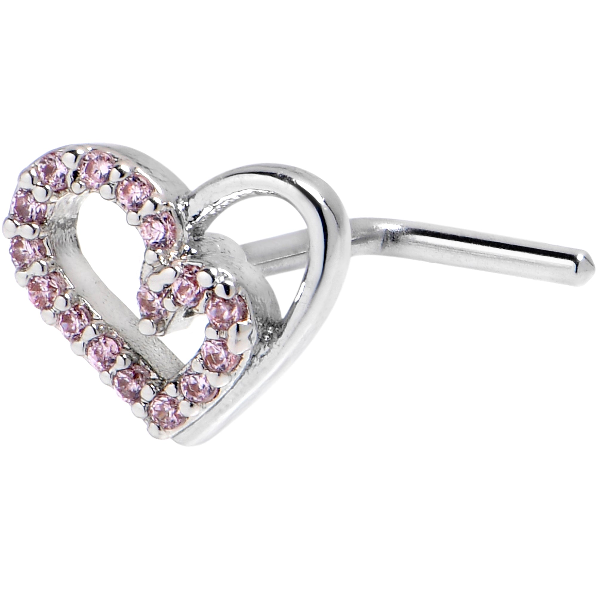 20G 7mm Pink Gem Asymmetrical Heart L Shape Nose Ring