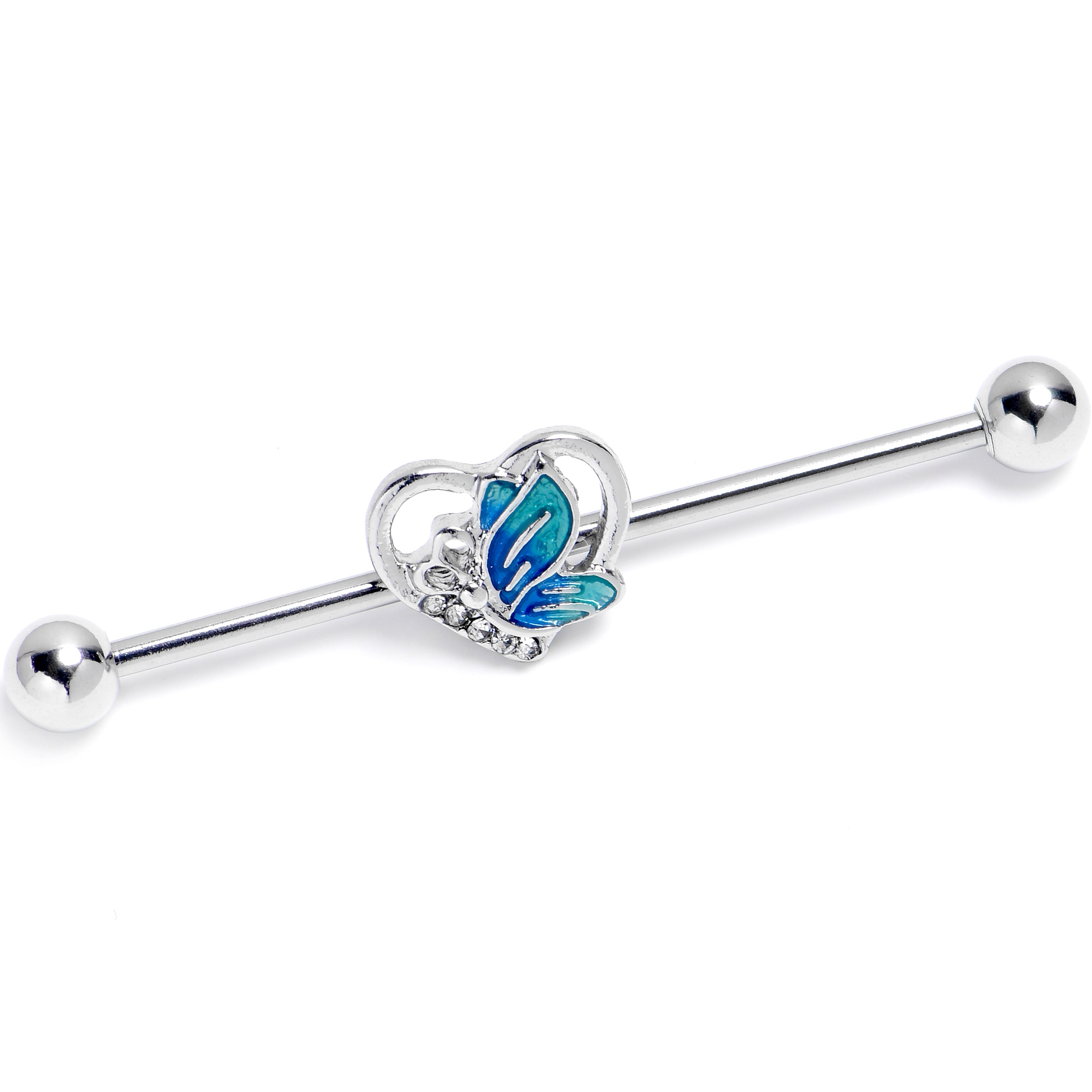 14G Butterfly Love Heart Blue Industrial Barbell 38mm