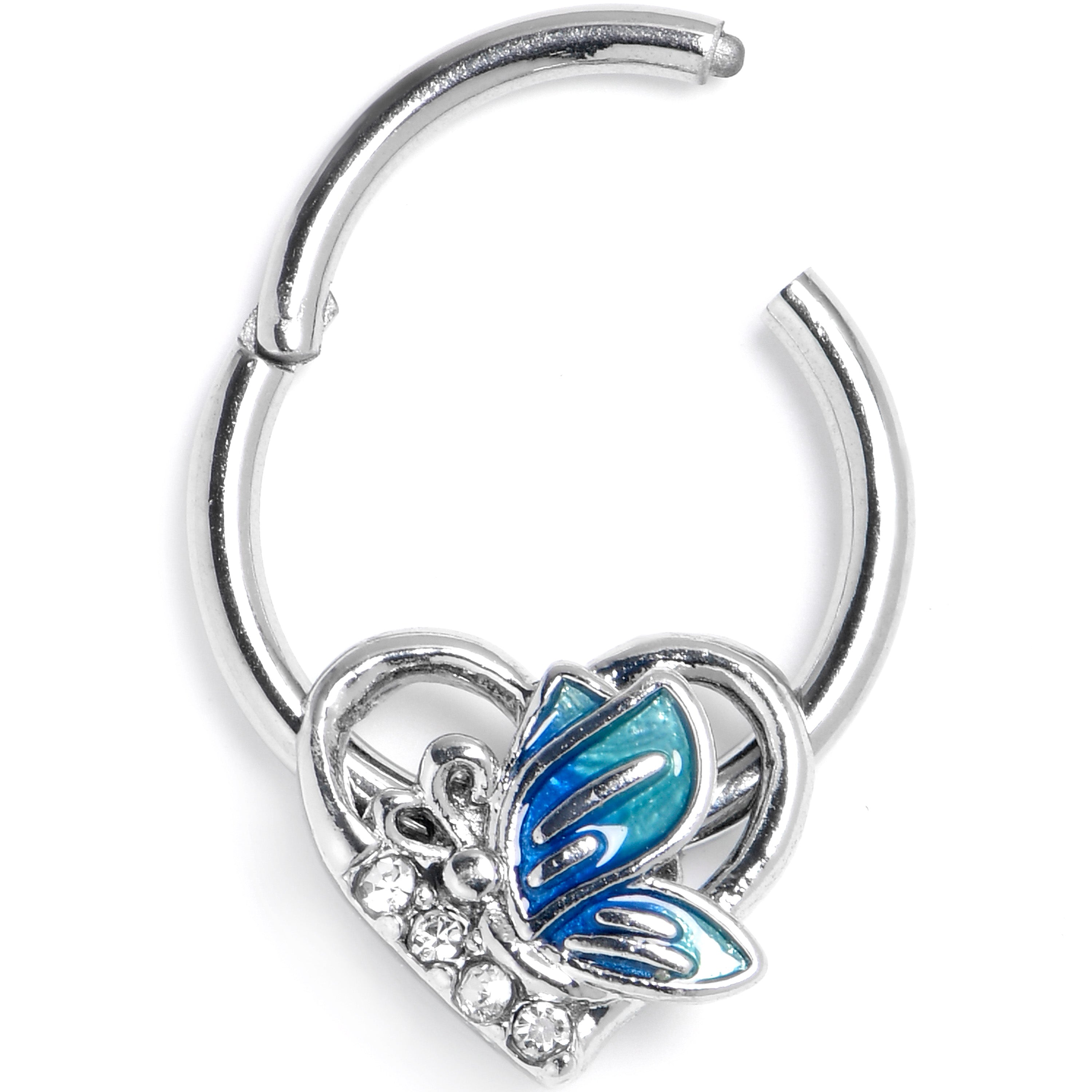 16G 3/8 Clear Gem Butterfly Love Heart Blue Hinged Segment Ring