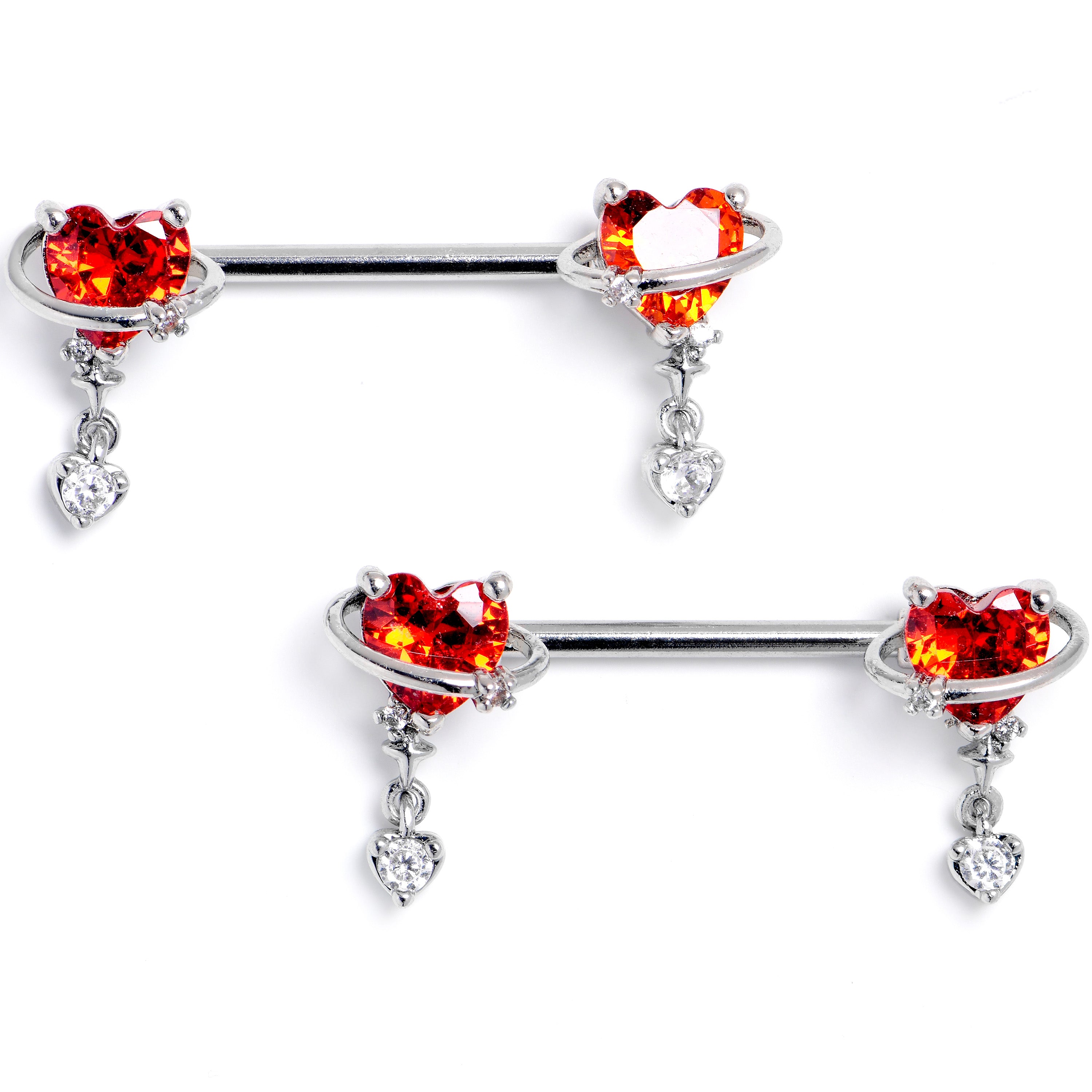 14G 9/16 Red Gem Saturn Heart Dangle Nipple Ring Set