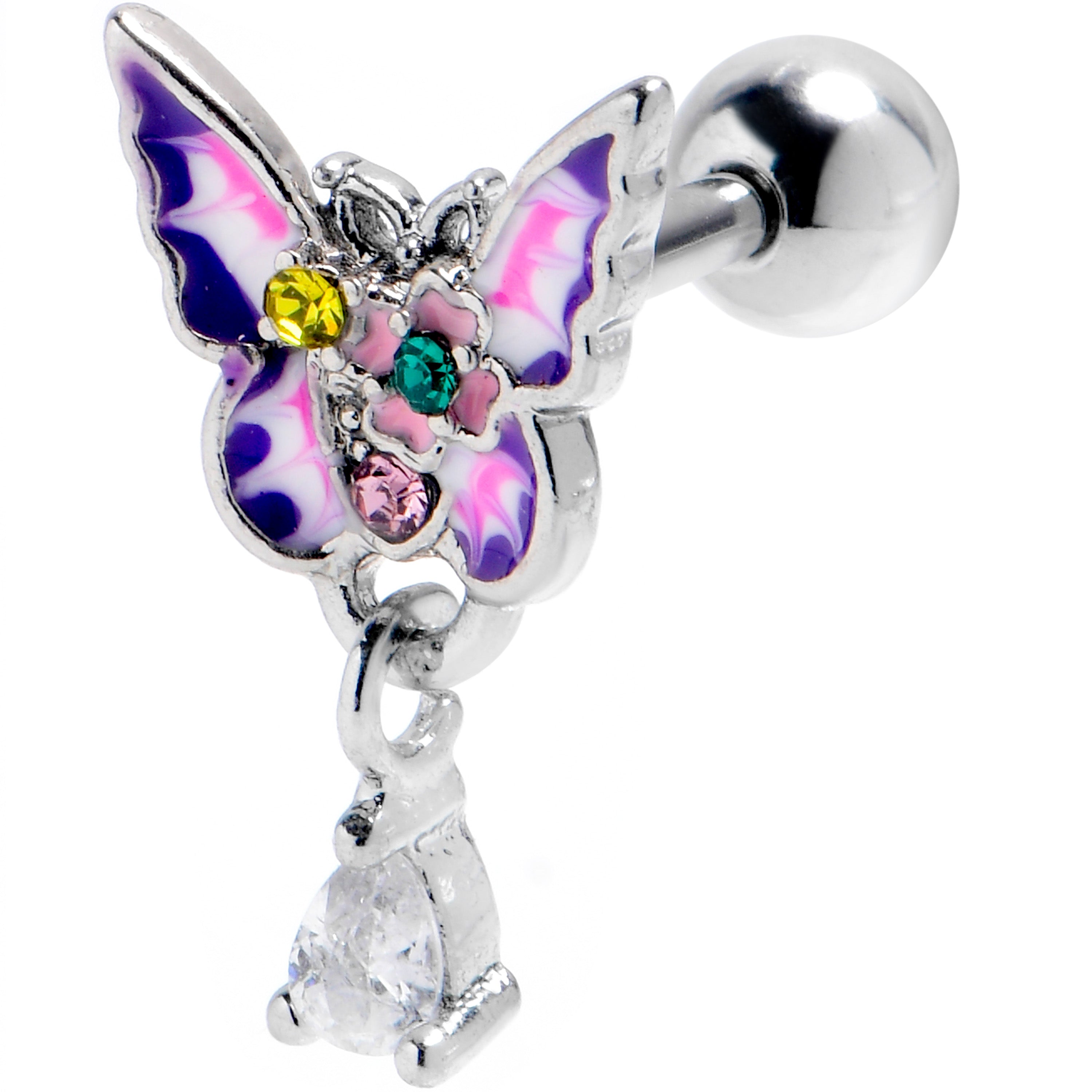 16G 1/4 Yellow Clear gem Exotic Butterfly Cartilage Tragus Earring