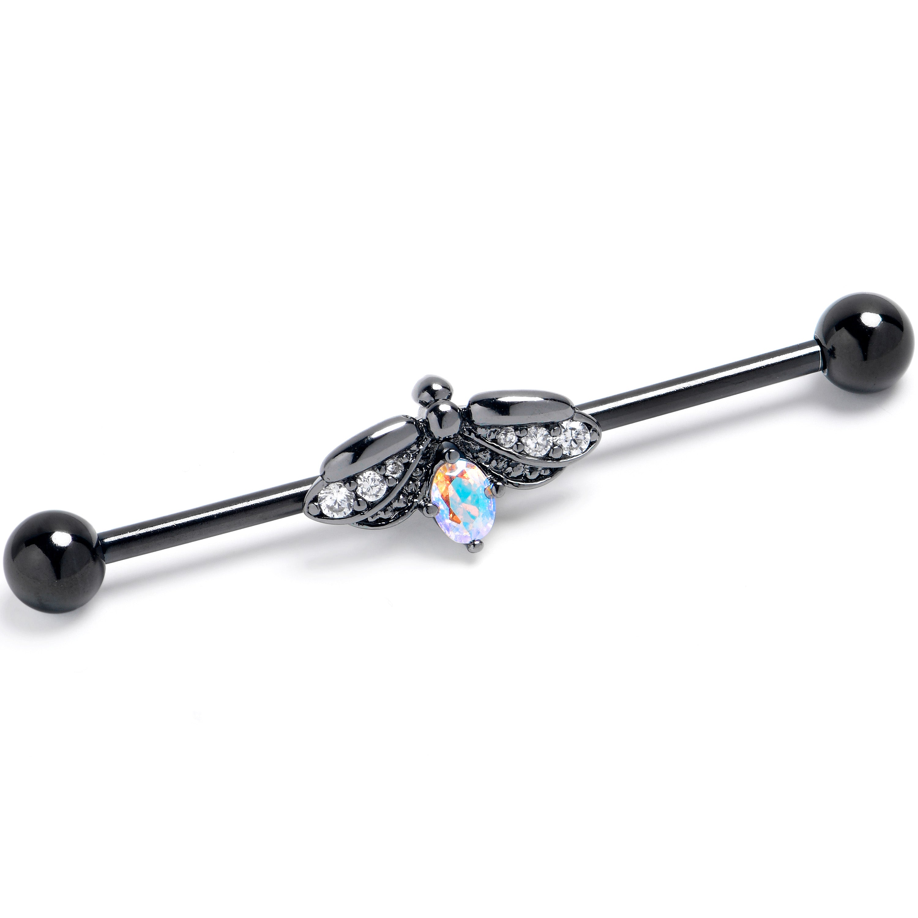 14G Aurora Clear Gem Black Gothic Butterfly Industrial Barbell 38mm