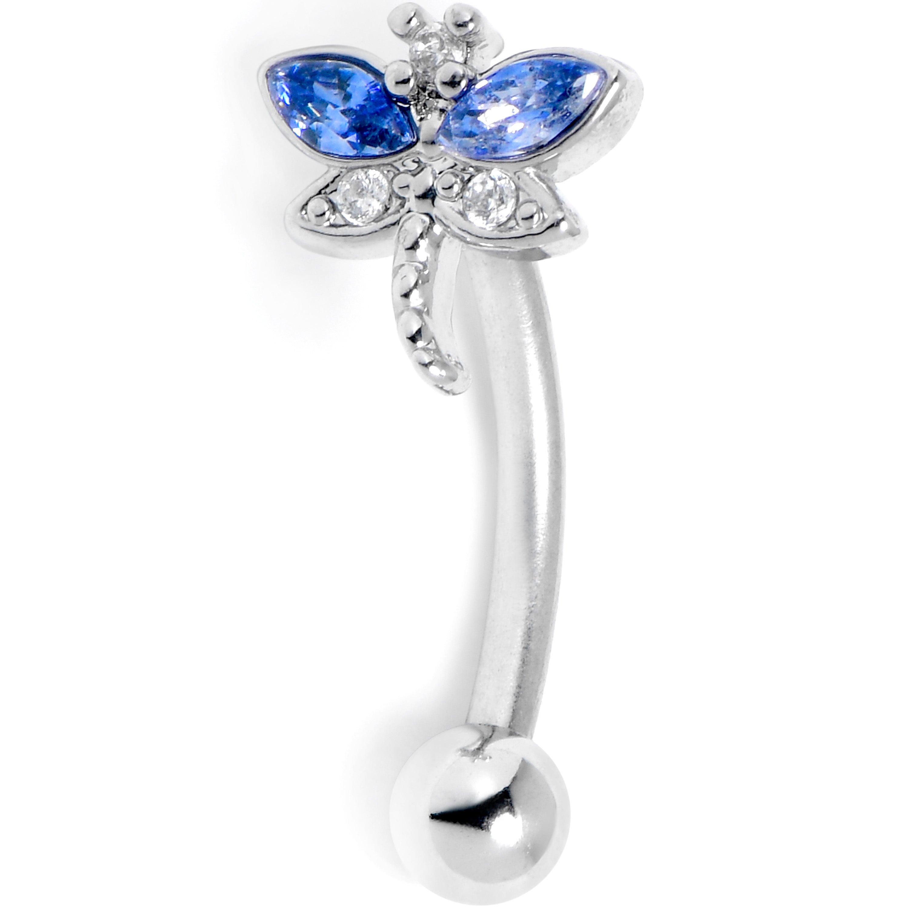 16G 5/16 Clear Blue Gem Dragonfly Style Curved Eyebrow Ring
