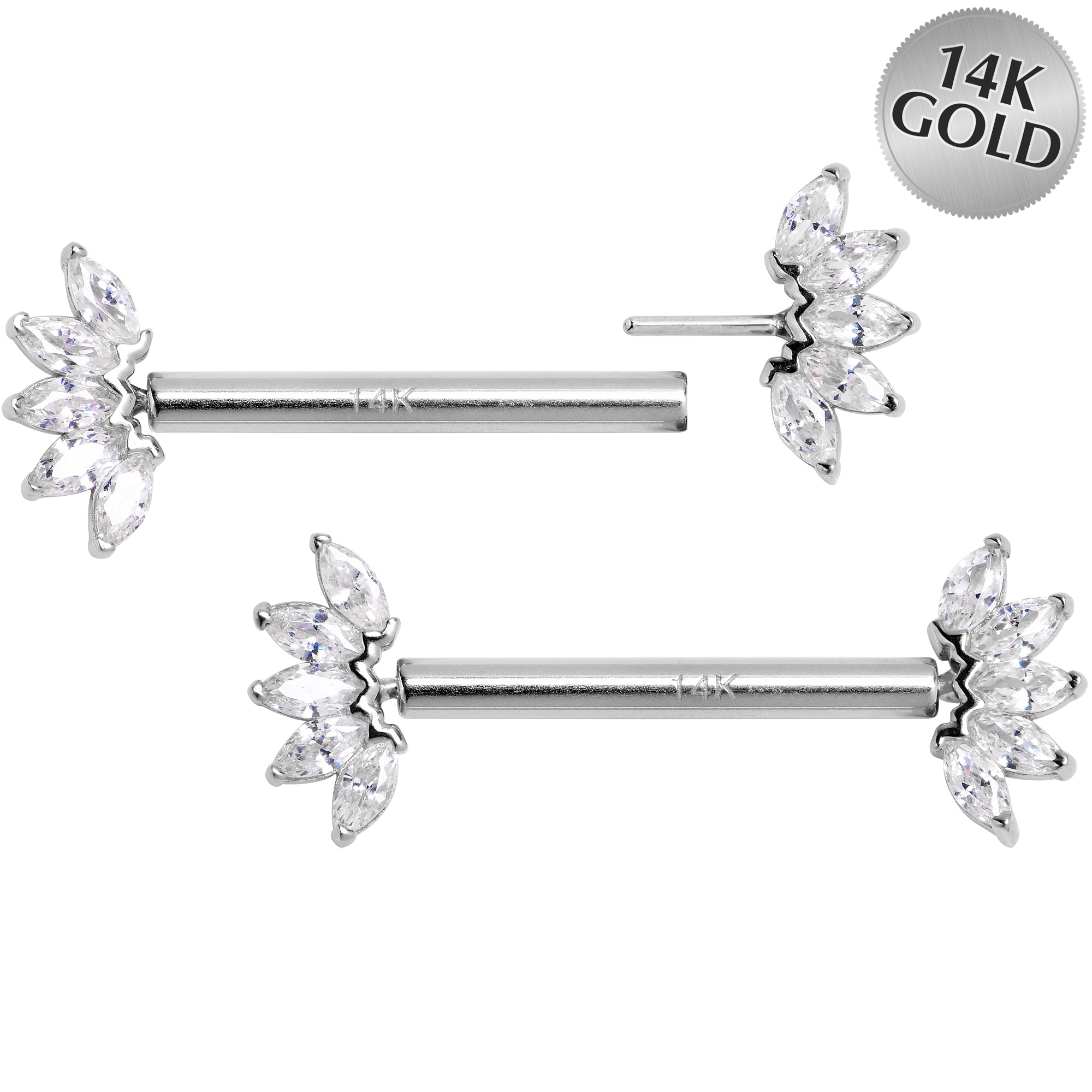 14G 9/16 Solid 14k White Gold CZ Floral Push In Threadless Nipple Ring Set