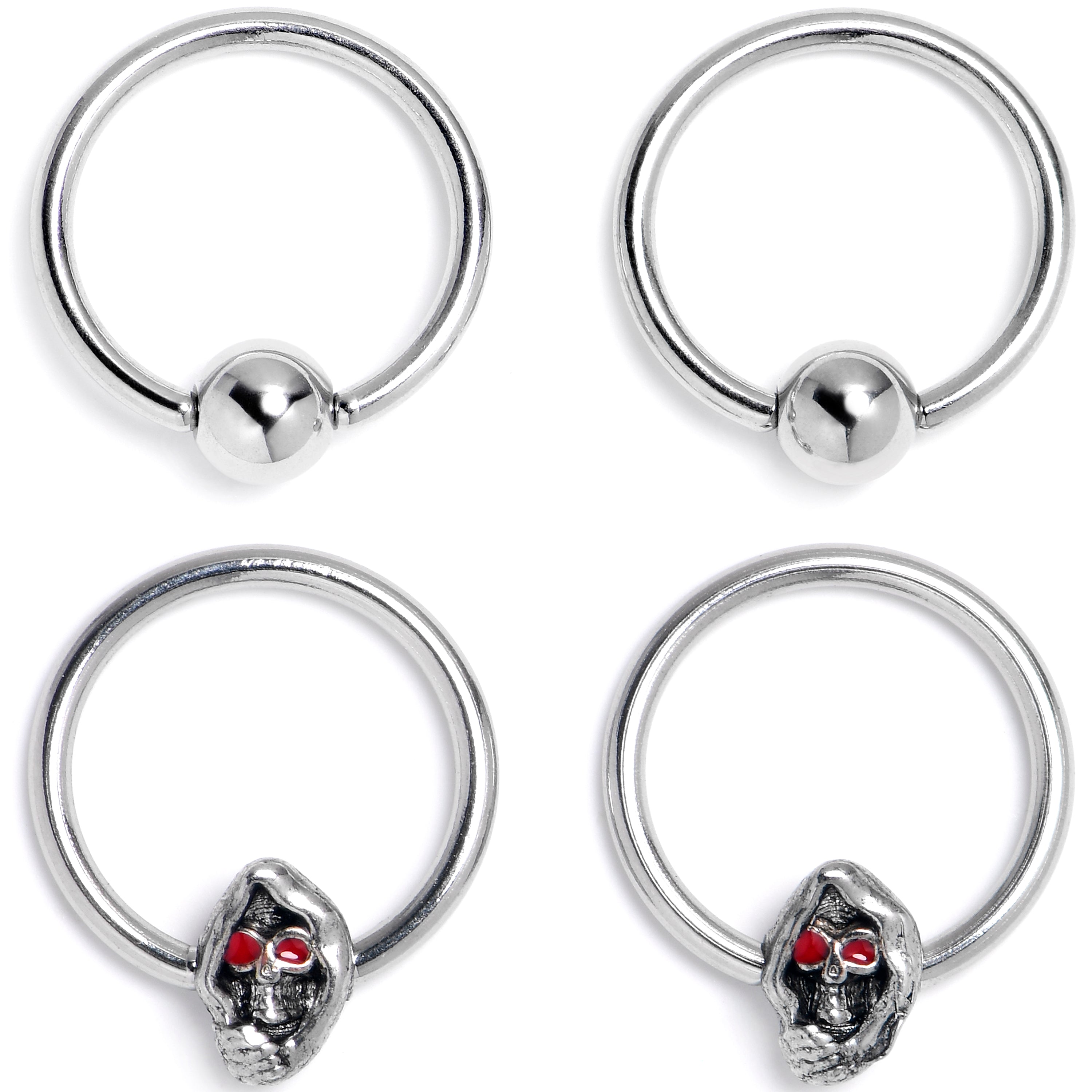 16G 3/8 Skull Red Eyes BCR Captive Bead Ring Set of 4