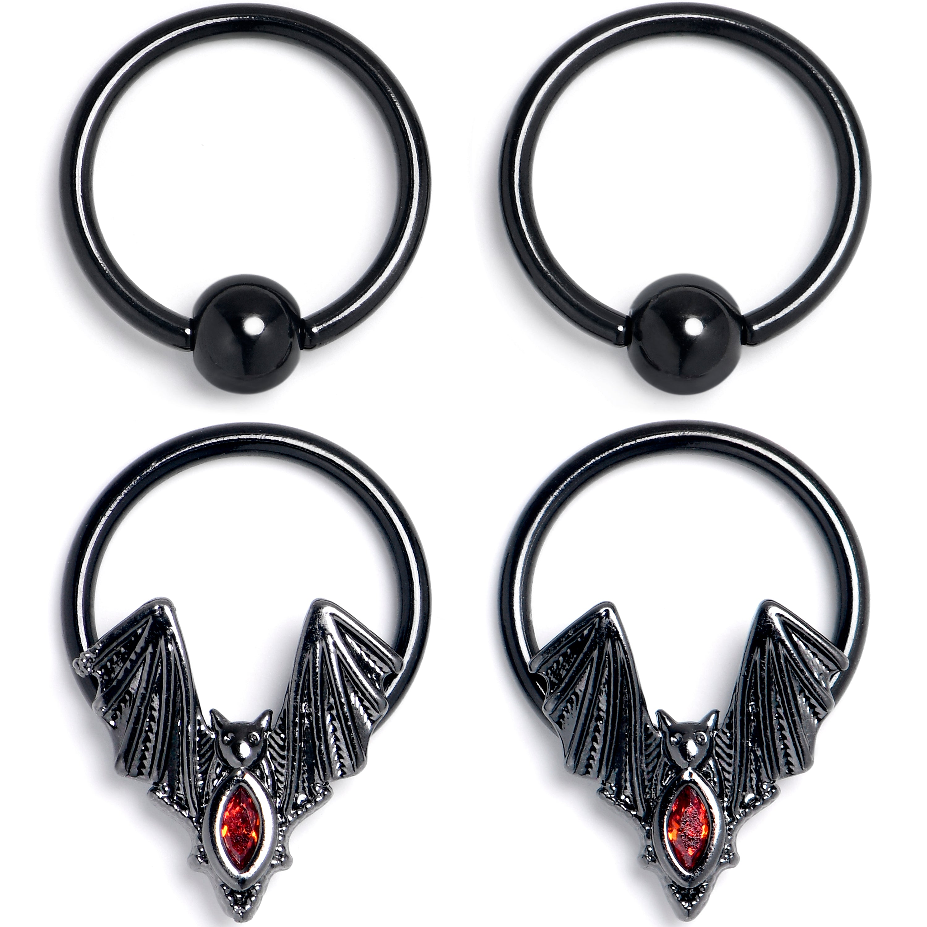 16G 3/8 Red Gem Black Bat BCR Captive Ring Set of 4