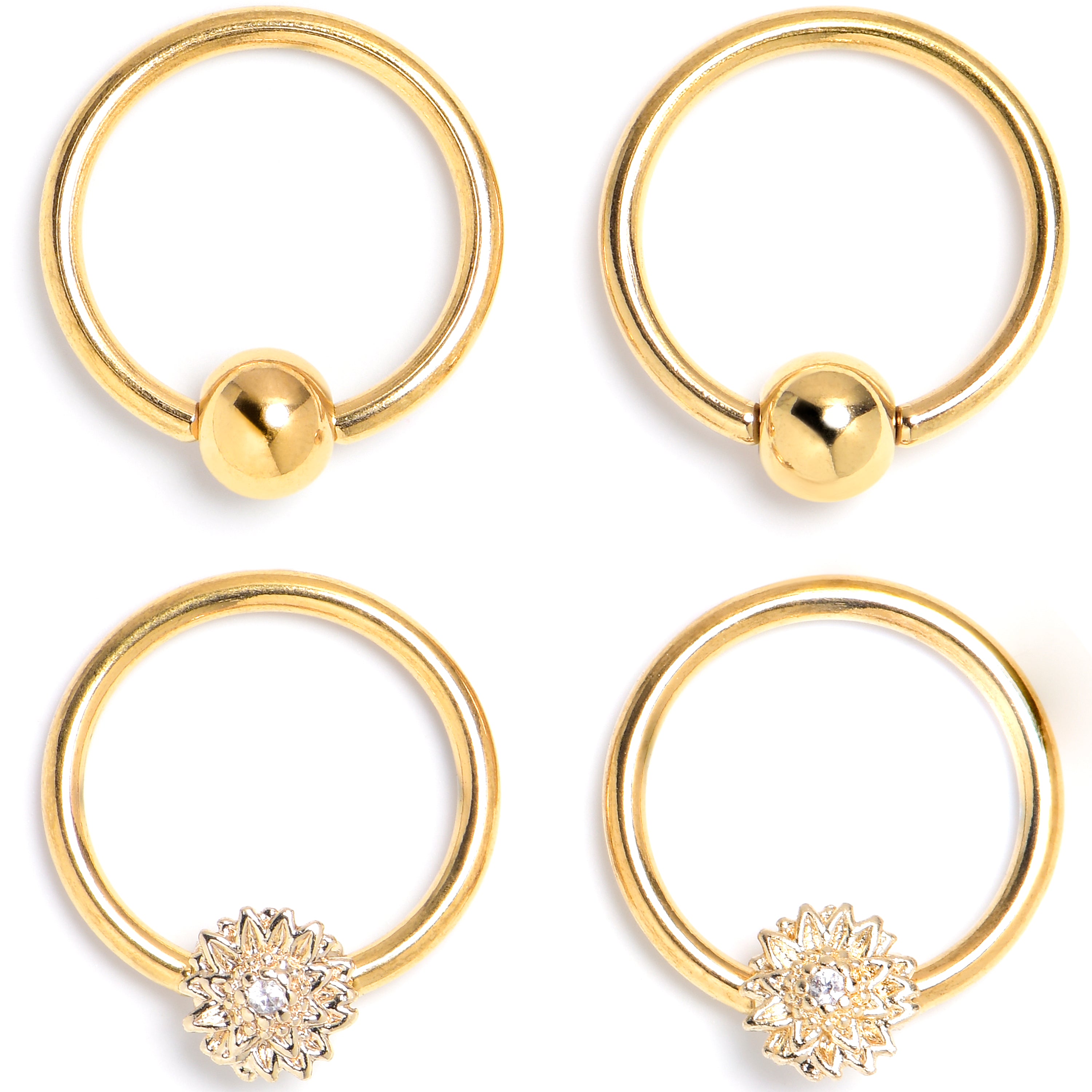 16G 3/8 Clear Gem Gold Tone Tiny Flower BCR Captive Ring Set of 4