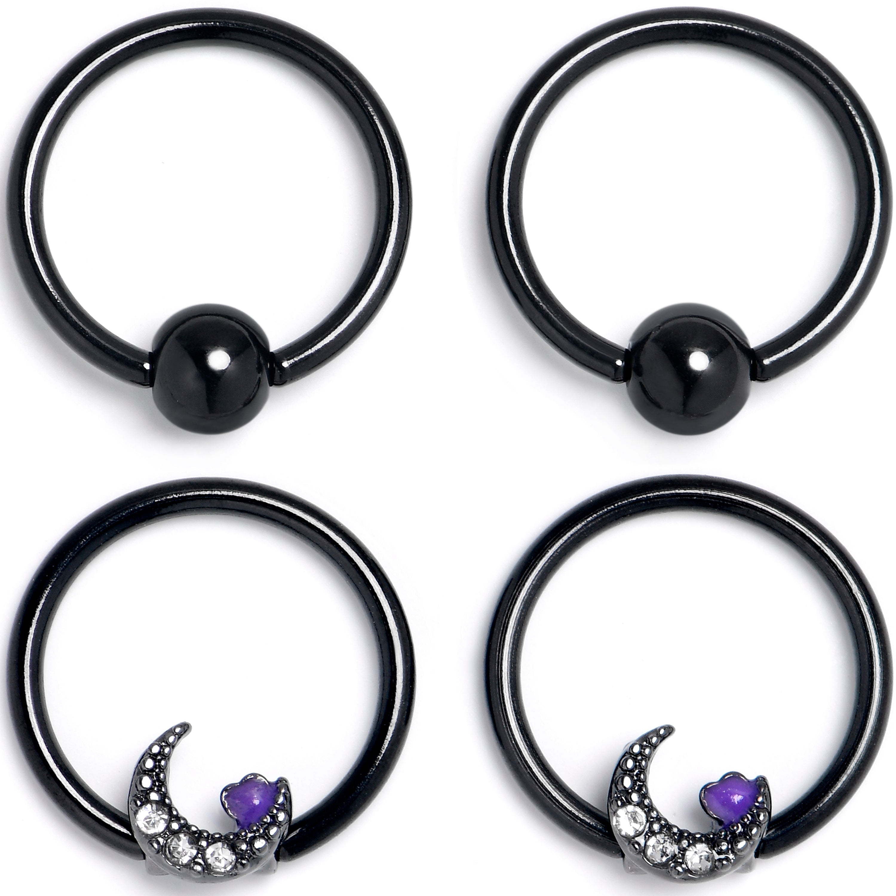 16G 3/8 Clear Gem Black Moon Heart BCR Captive Ring Set of 4