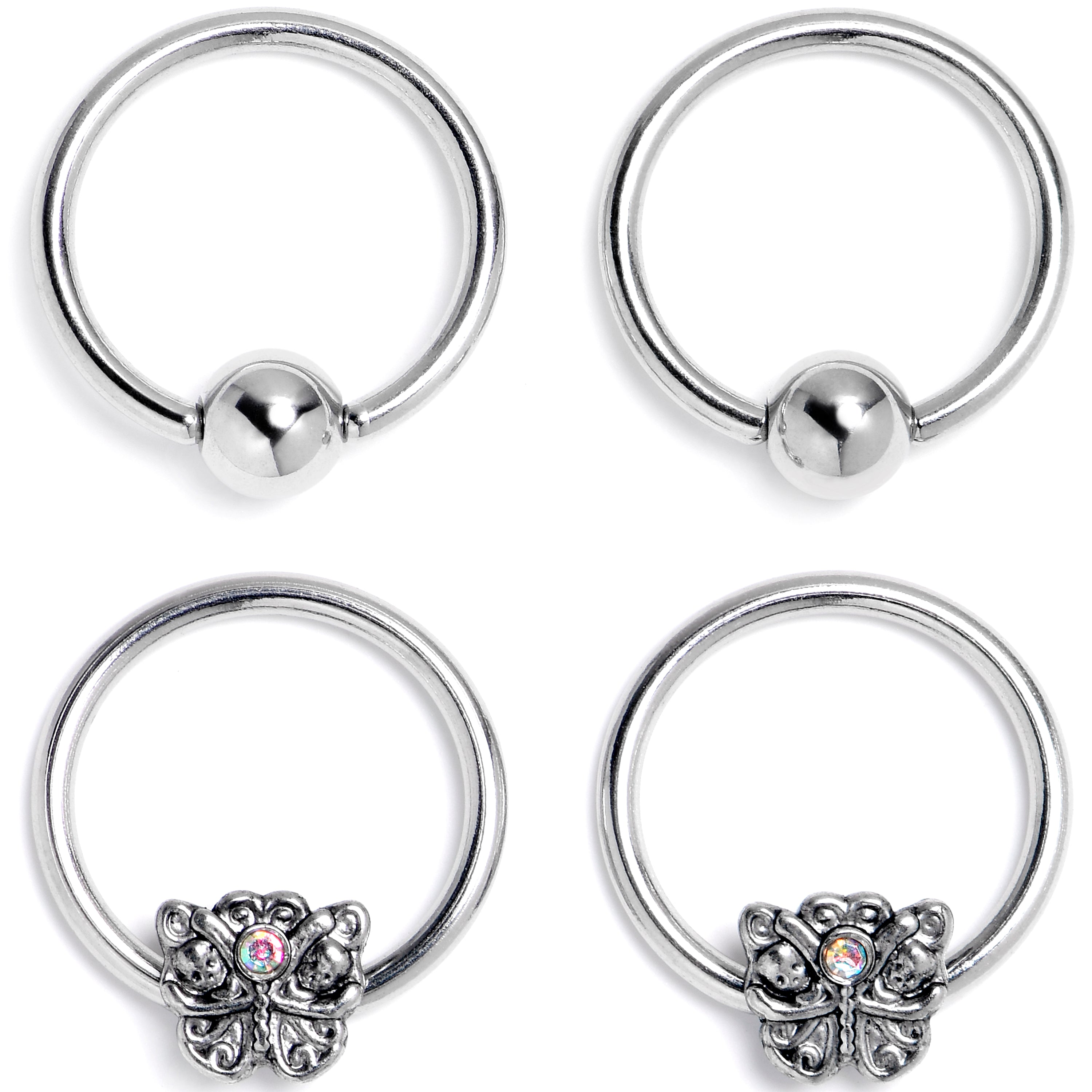 16G 3/8 Aurora Gem Butterfly Ornate BCR Captive Ring Set of 4