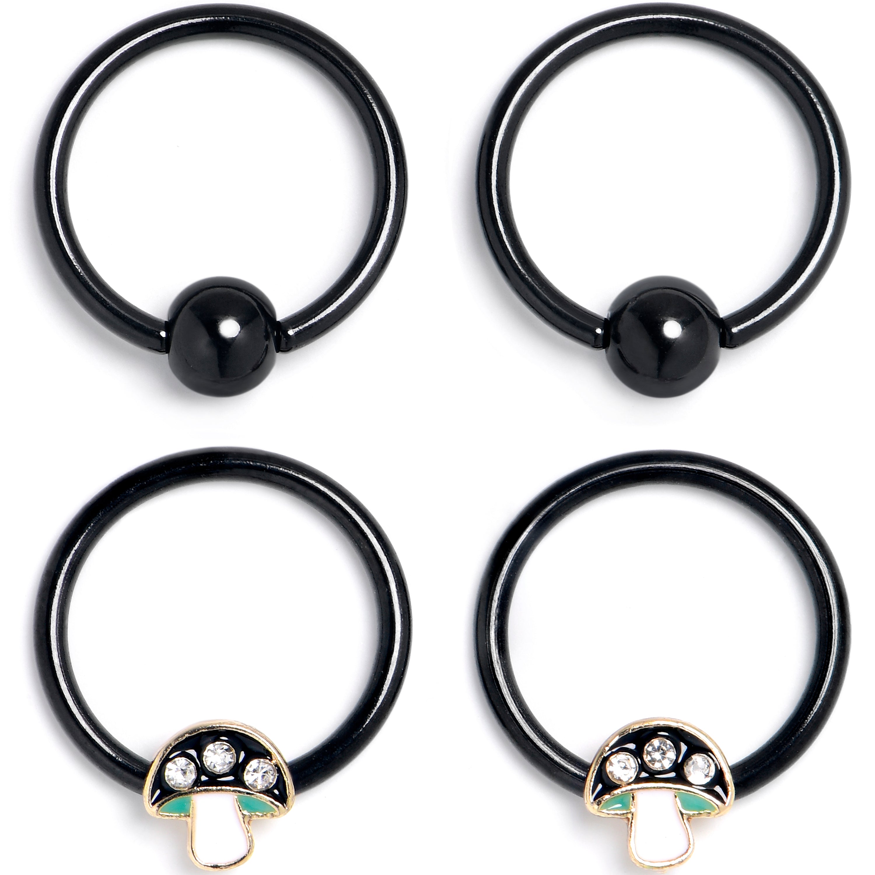 16G 3/8 Clear Gem Black Mushroom BCR Captive Ring Set of 4