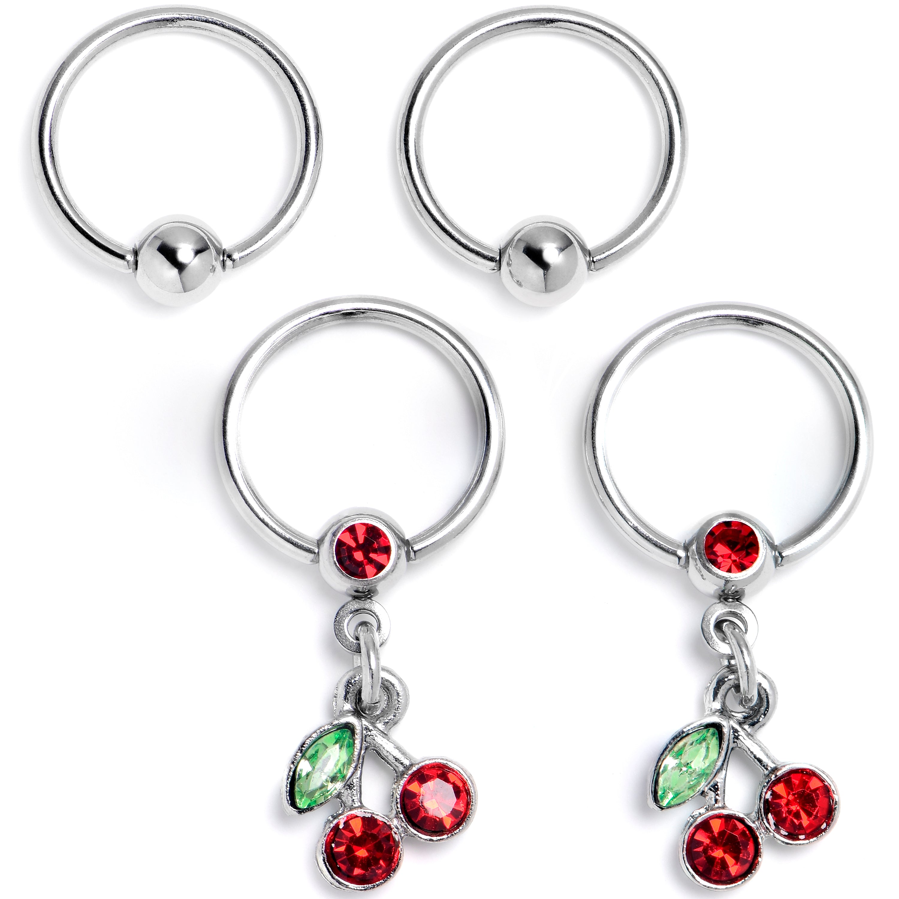 16G 3/8 Red Green Gem Cherry Dangle BCR Captive Ring Set of 4