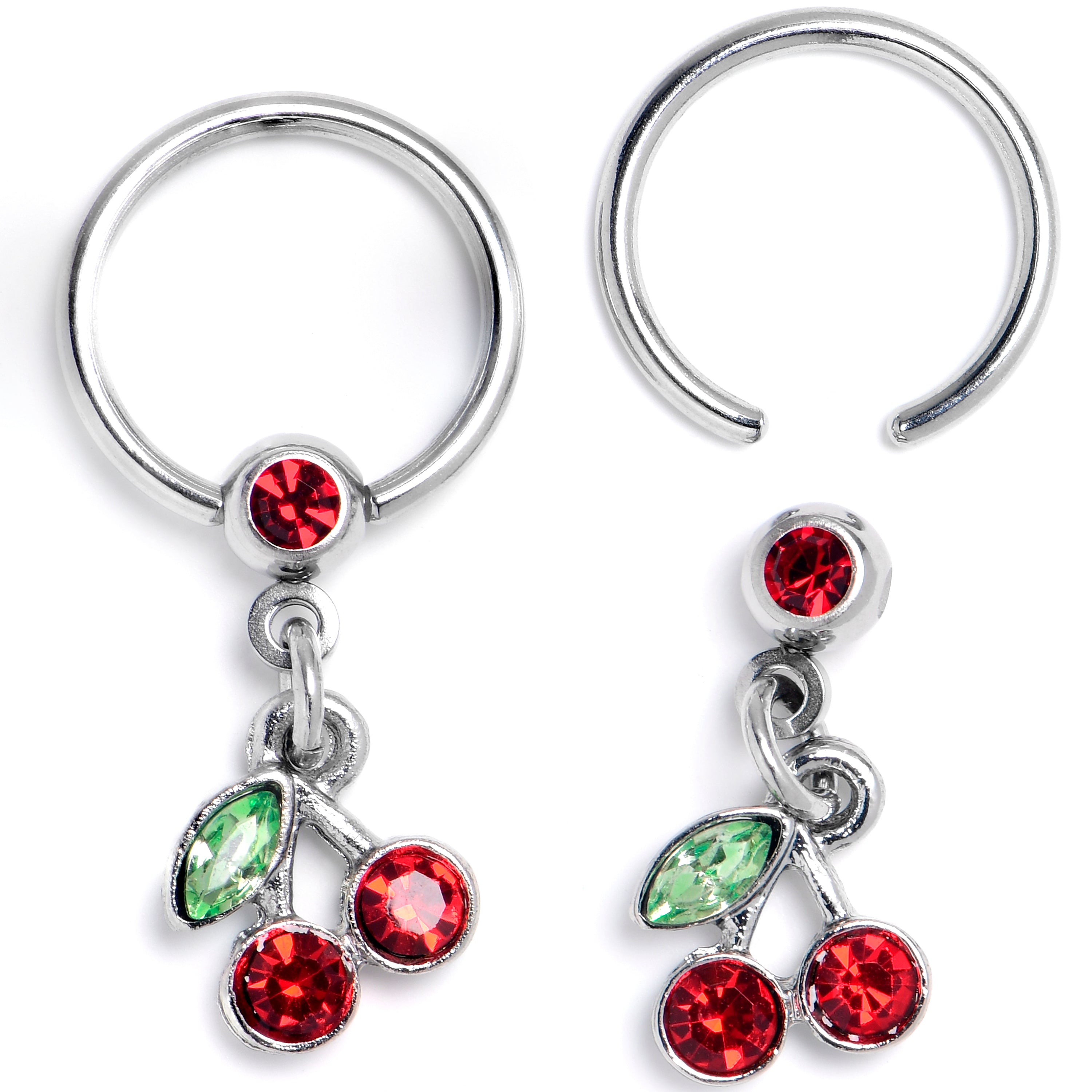 16G 3/8 Red Green Gem Cherry Dangle BCR Captive Ring Set of 4