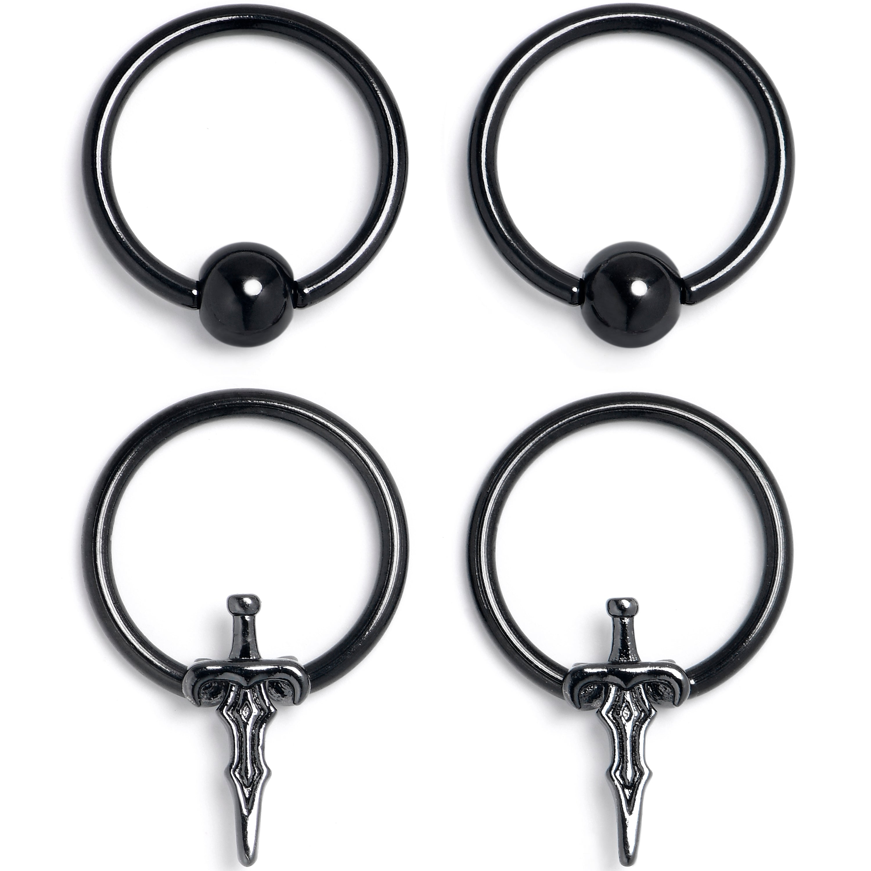 16G 3/8 Black Medieval Sword BCR Captive Ring Set of 4