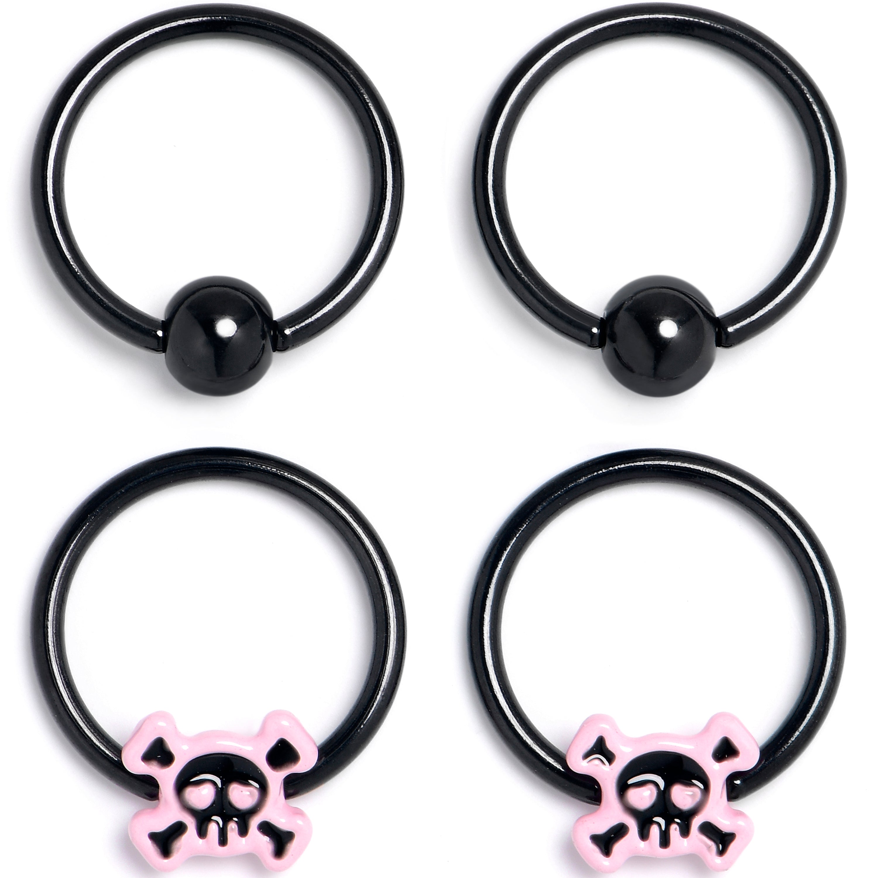 16G 3/8 Black Skull Crossbones Pink BCR Captive Ring Set of 4