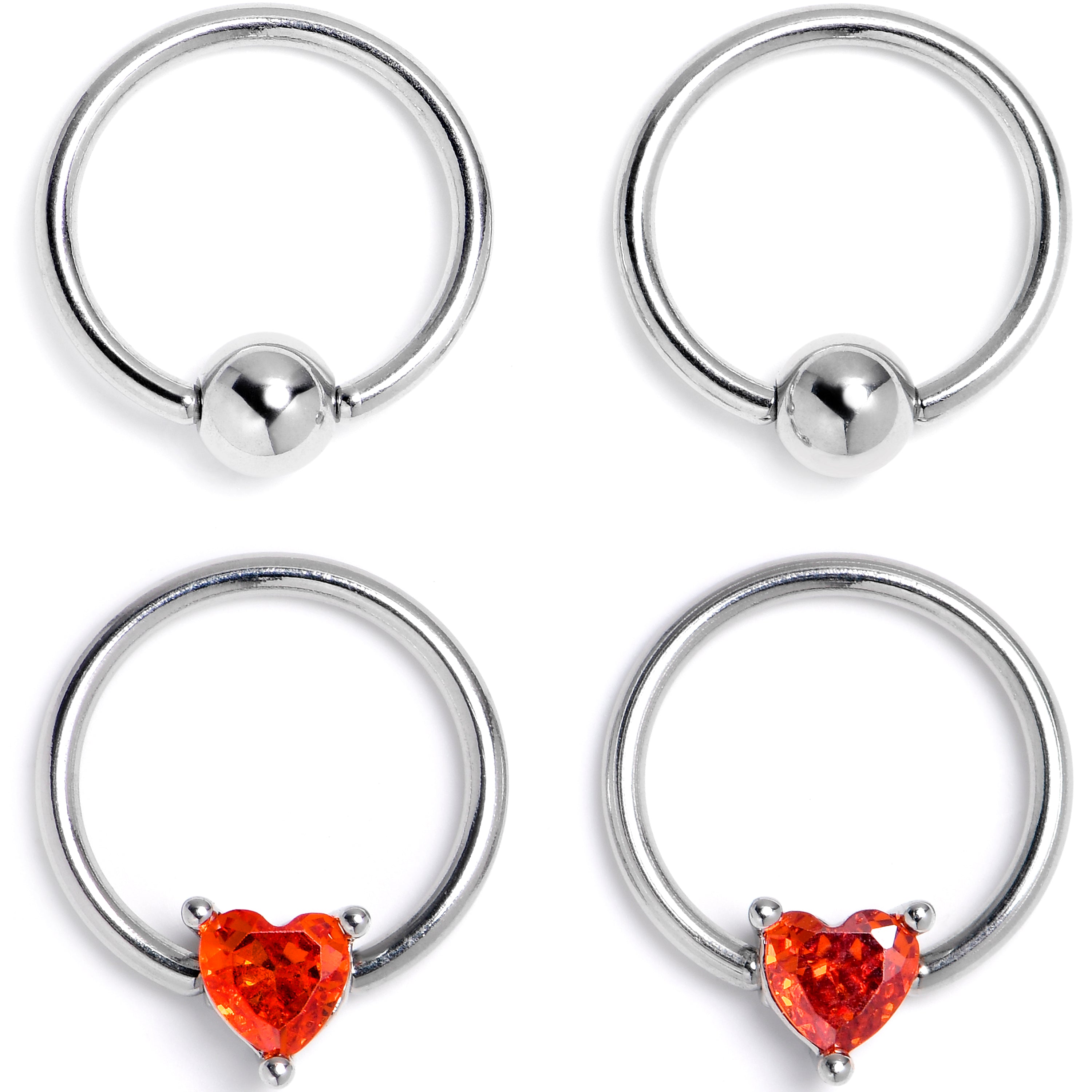 16G 3/8 Red Gem Heart BCR Captive Ring Set of 4