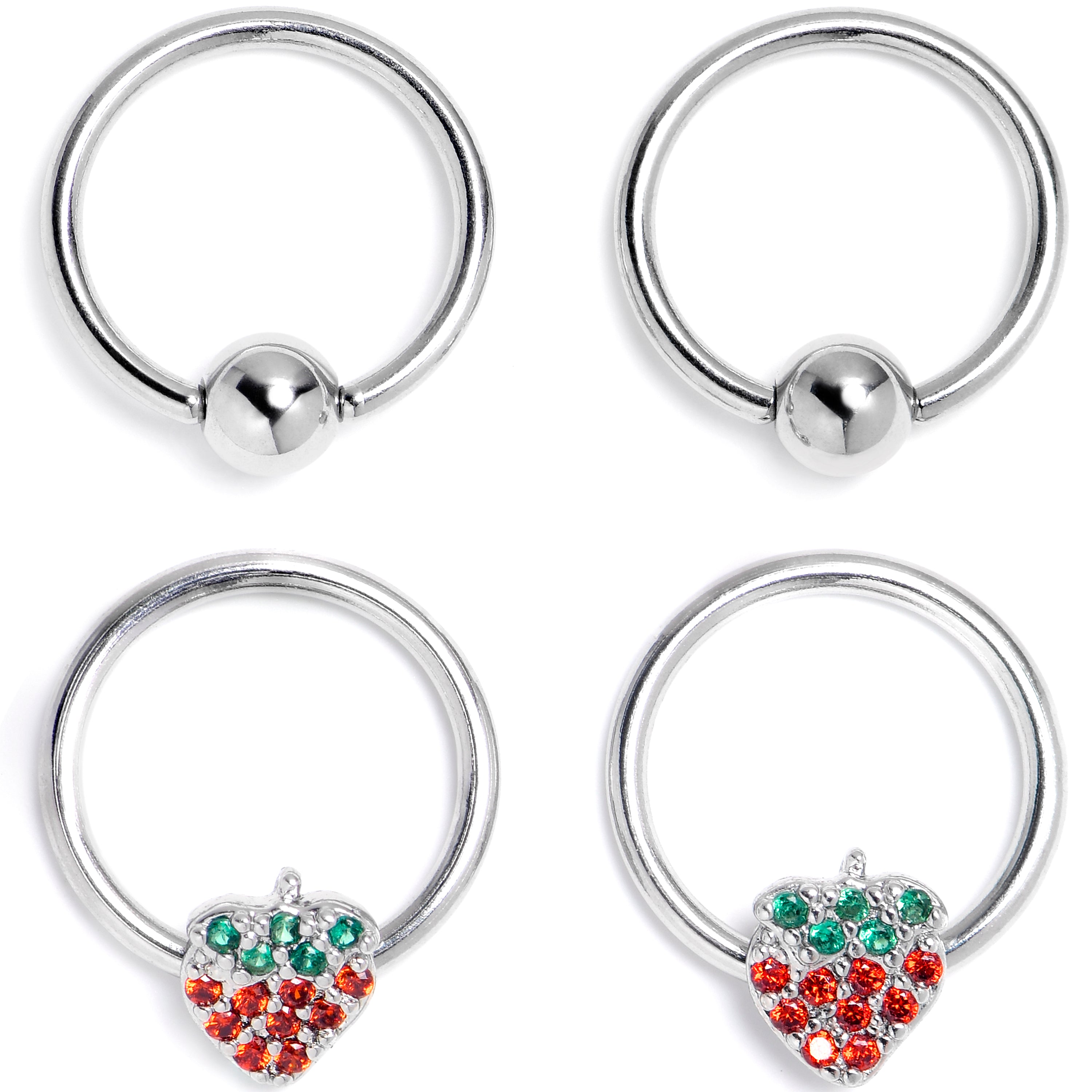 16G 3/8 Red Green Gem Strawberry BCR Captive Ring Set of 4