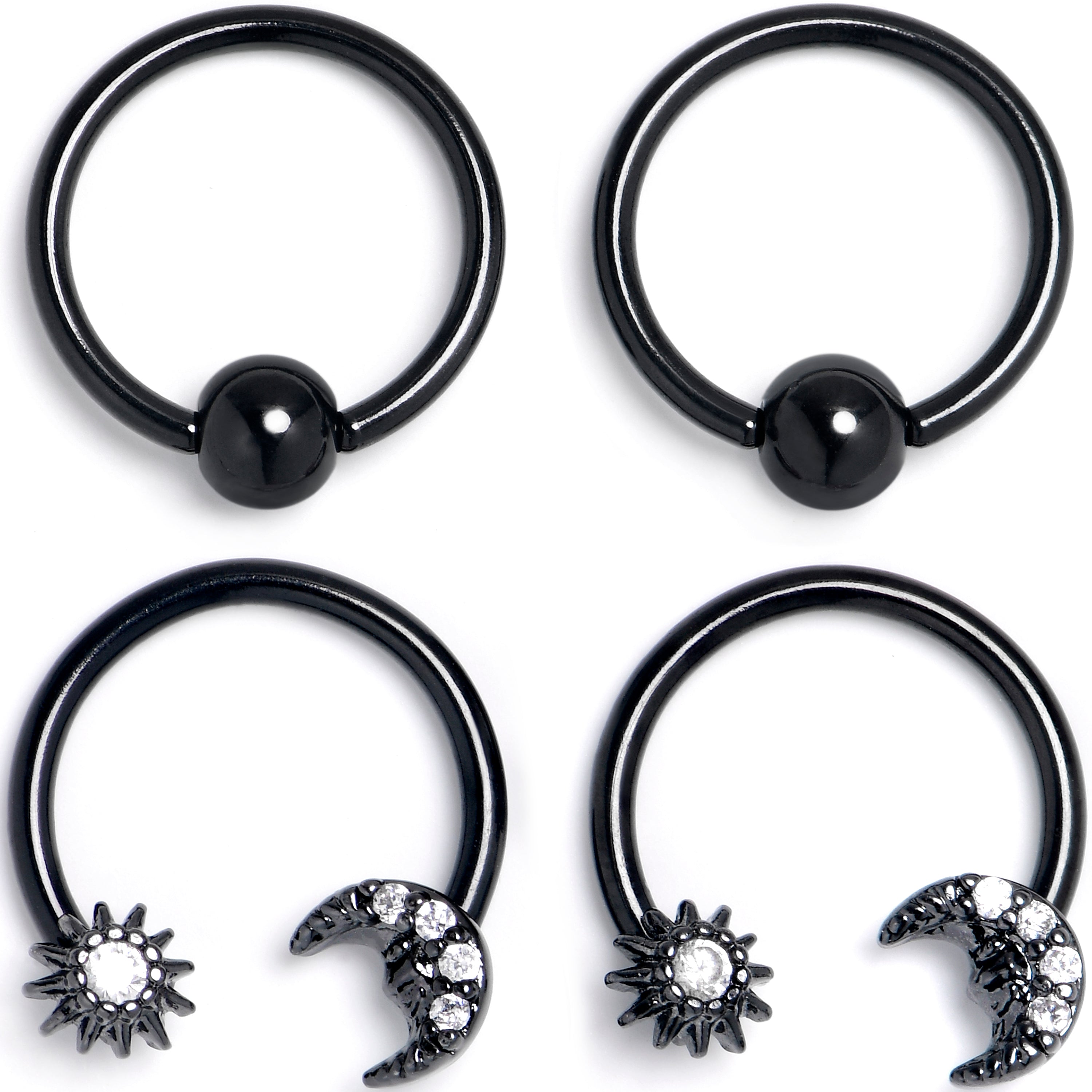 16G 3/8 Clear Gem Black Moon Sun BCR Captive Horseshoe Set of 4