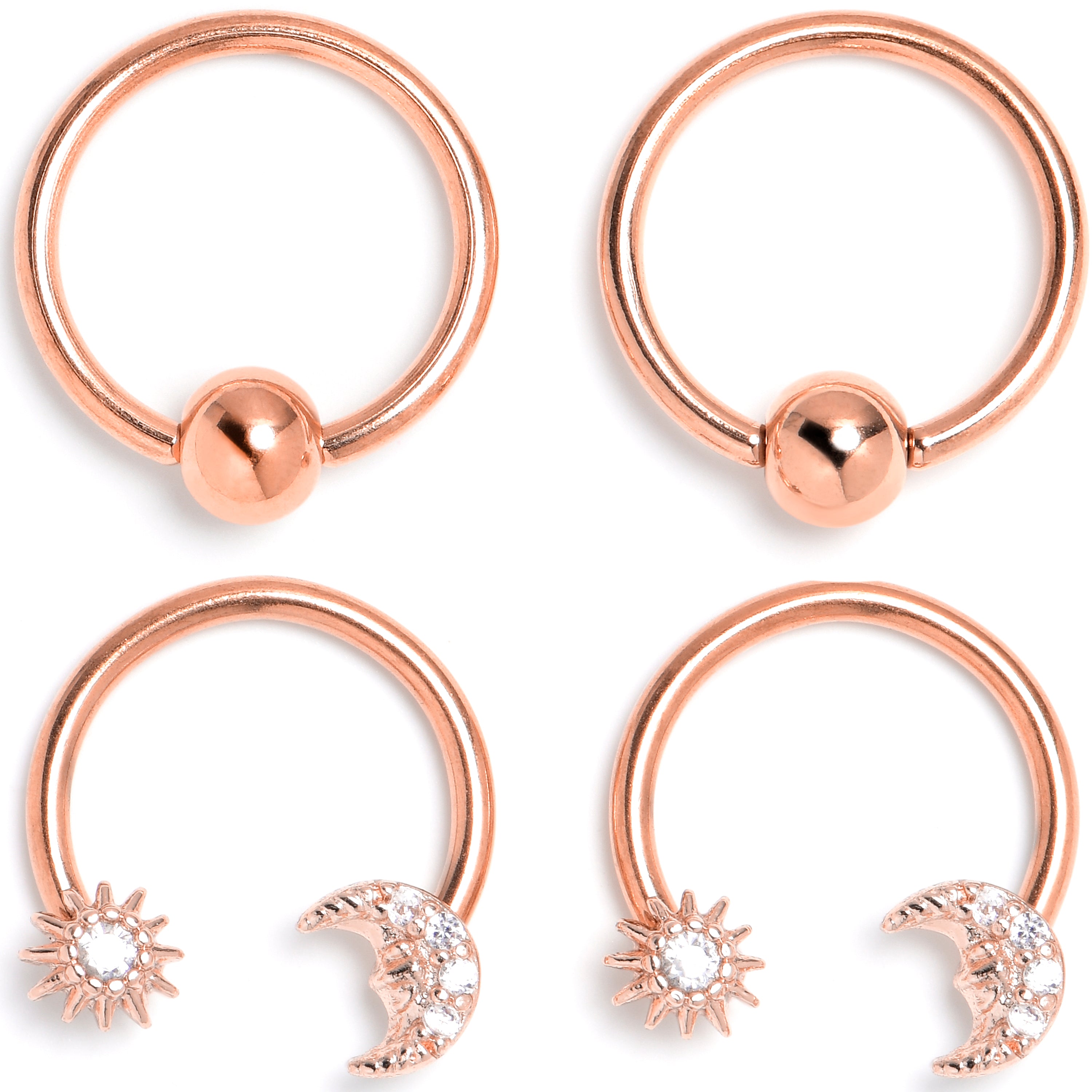 16G 3/8 Clear Gem Rose Gold Tone Moon Sun Captive Horseshoe Set of 4