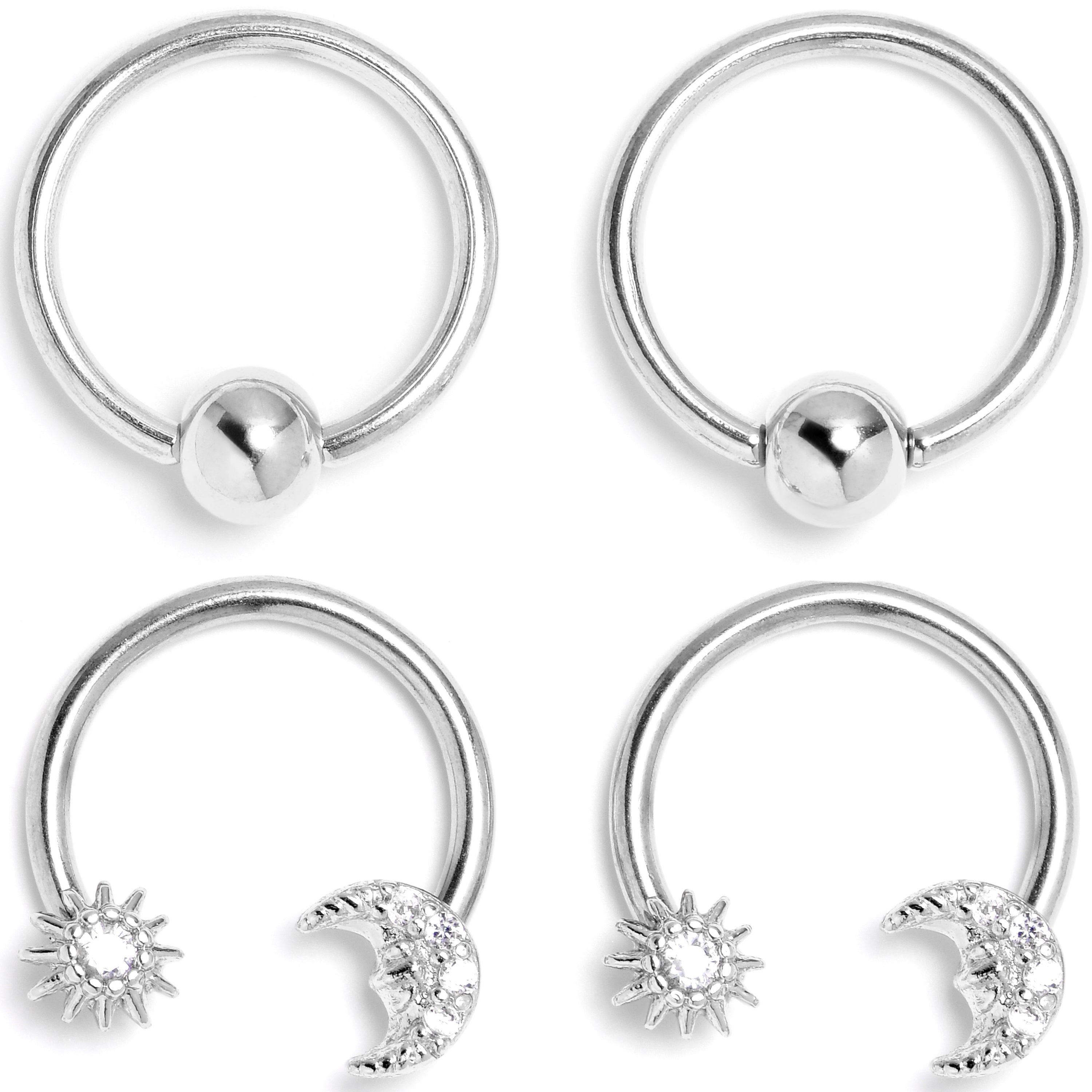 16G 3/8 Clear Gem Moon Sun BCR Captive Ring Horseshoe Set of 4