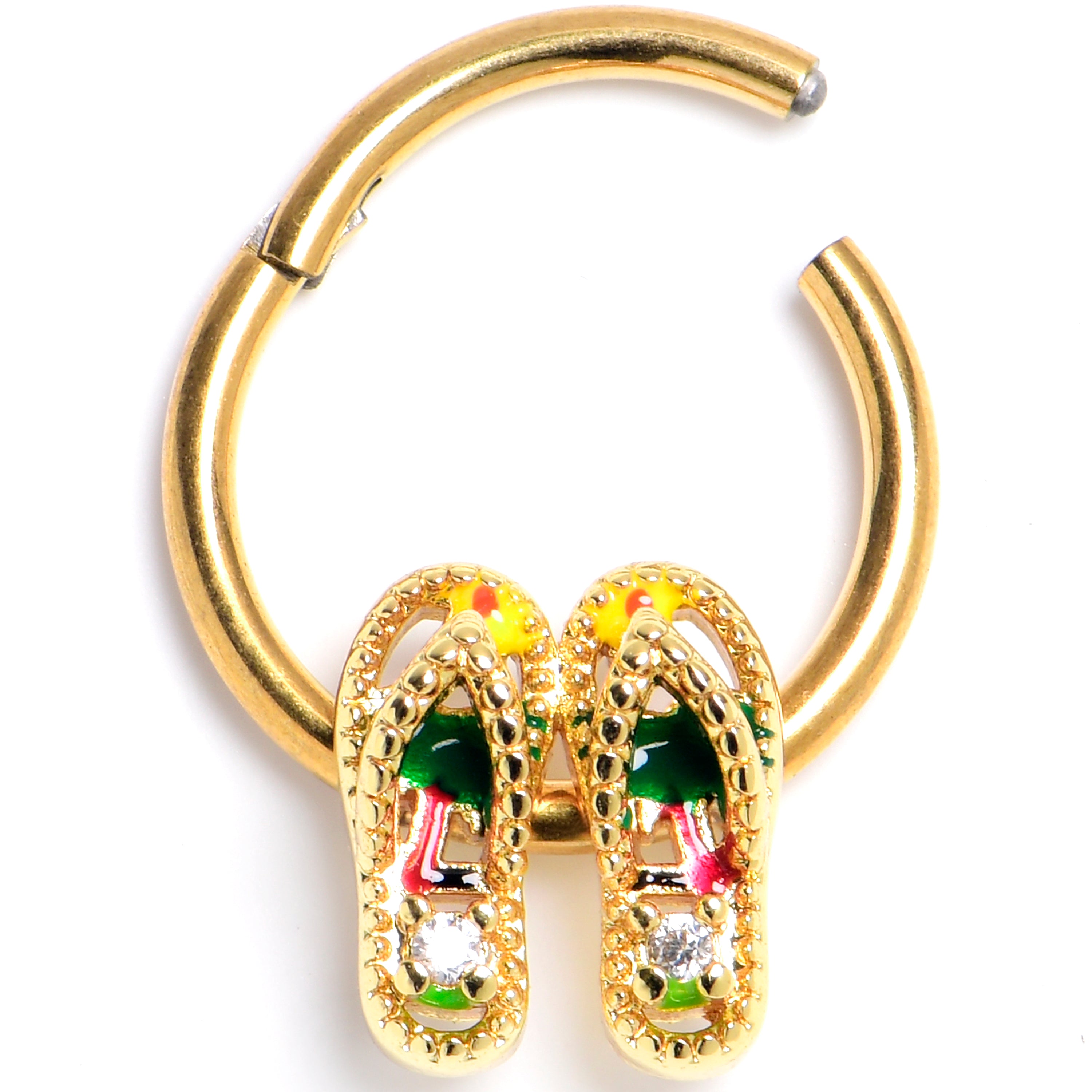 16G 3/8 Clear Gem Gold Tone Beach Sandal Hinged Segment Ring