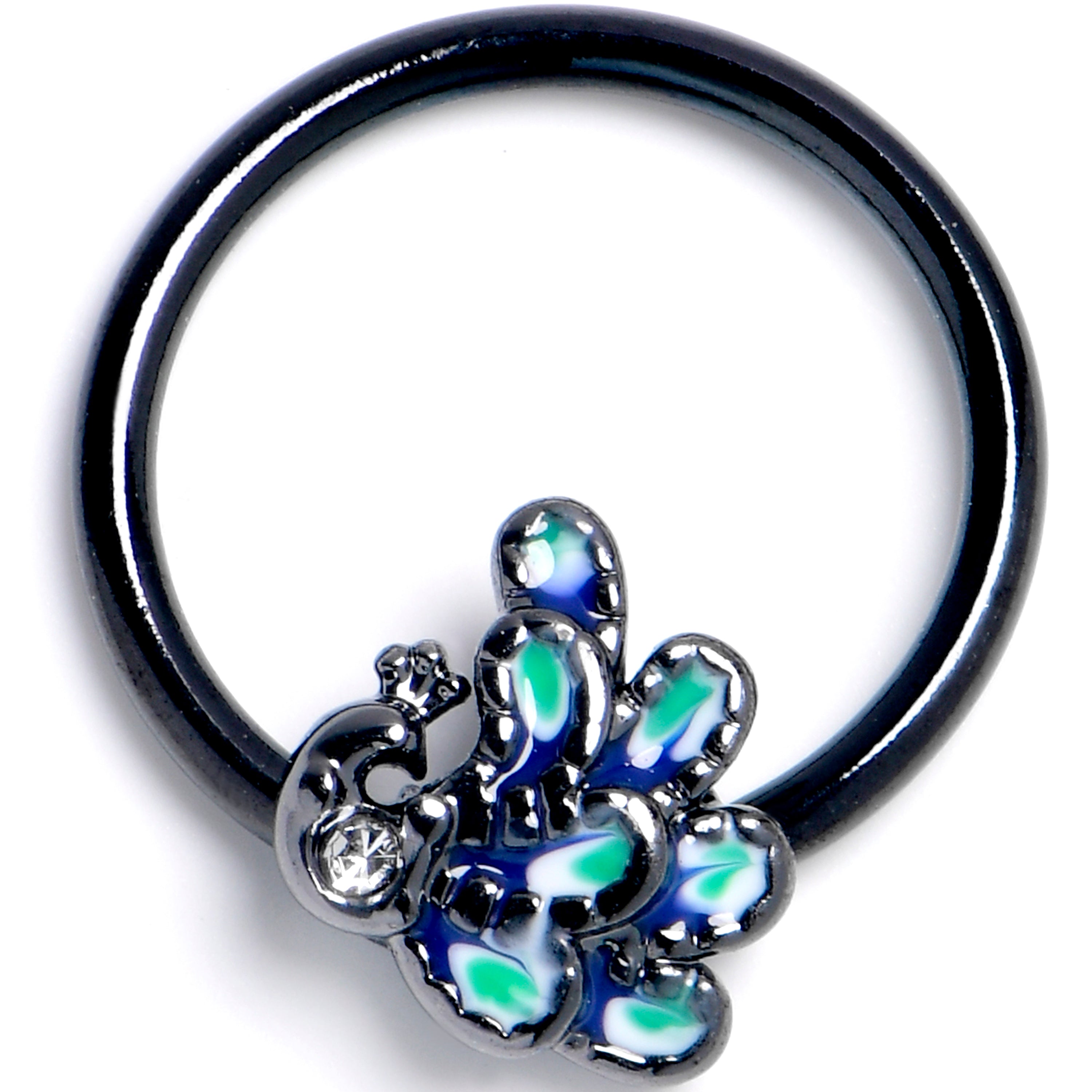 16G 3/8 Clear Gem Black Peacock Green BCR Captive Ring