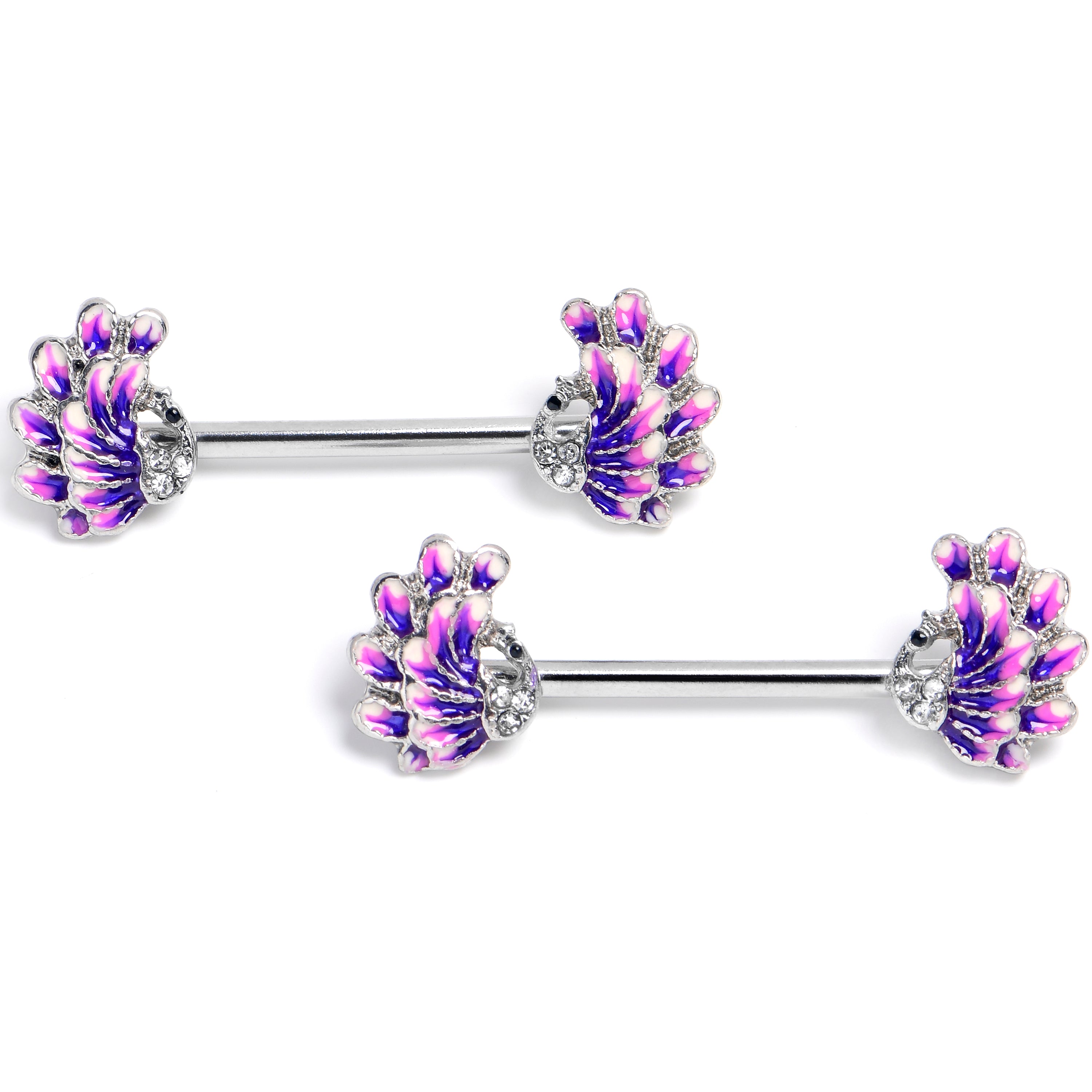 14G 9/16 Clear Gem Peacock Purple Barbell Nipple Ring Set