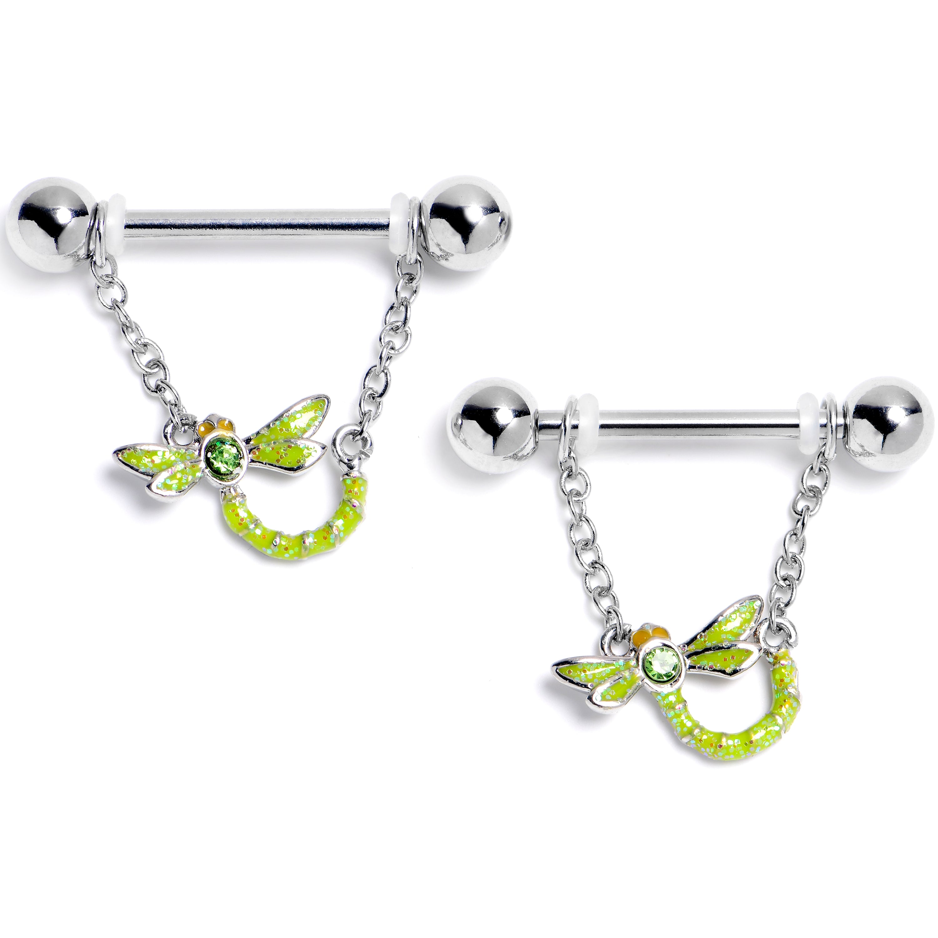 14G 9/16 Green Gem Glitter Dragonfly Dangle Nipple Ring Set