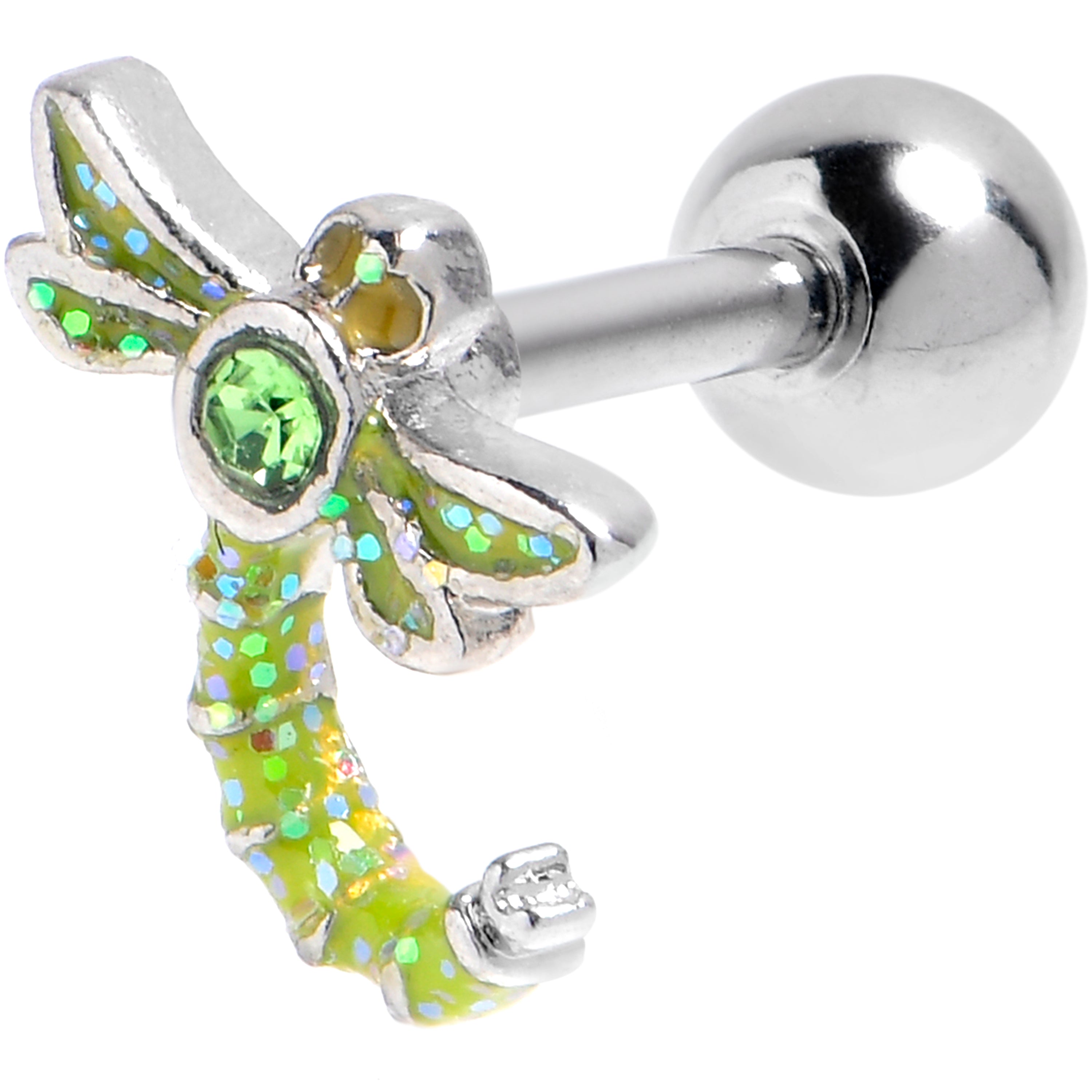 16G 1/4 Green Gem Glitter Dragonfly Cartilage Tragus Earring
