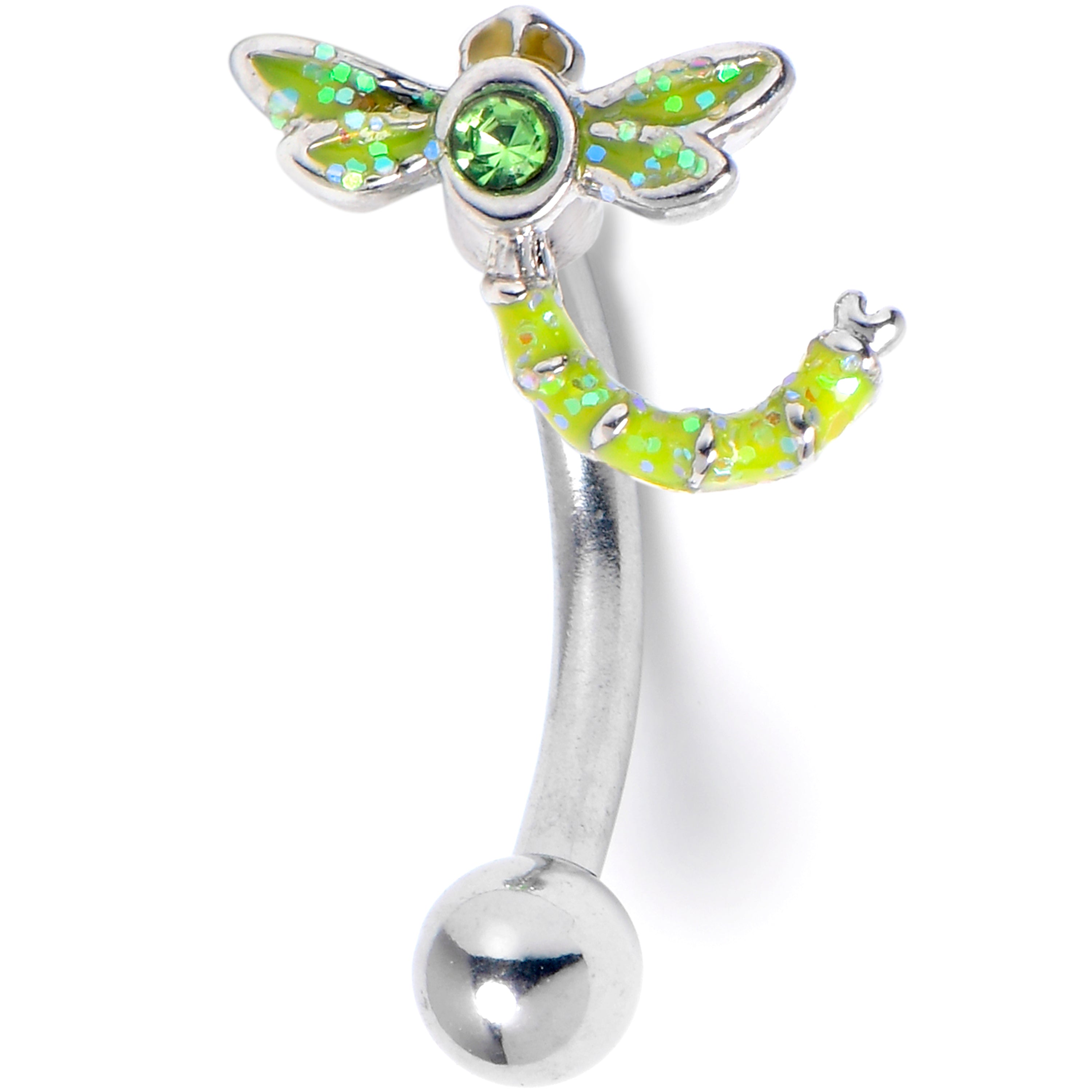 16G 5/16 Green Gem Glitter Dragonfly Curved Eyebrow Ring