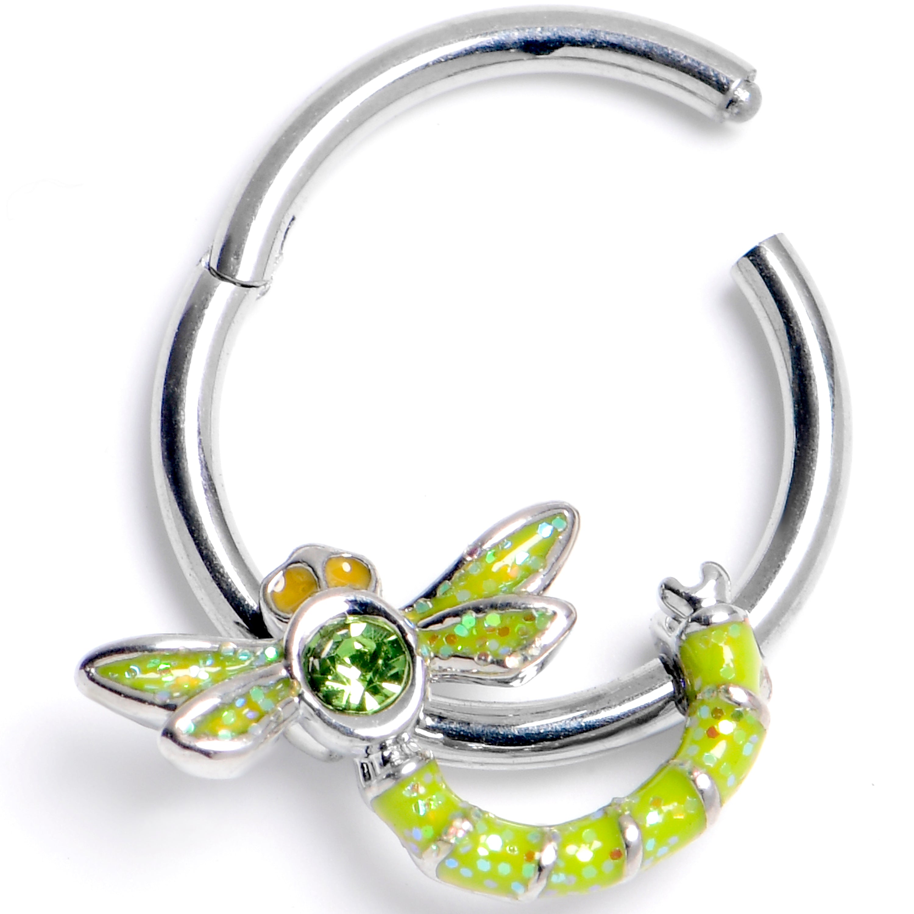 16G 3/8 Green Gem Dragonfly Green Hinged Segment Ring