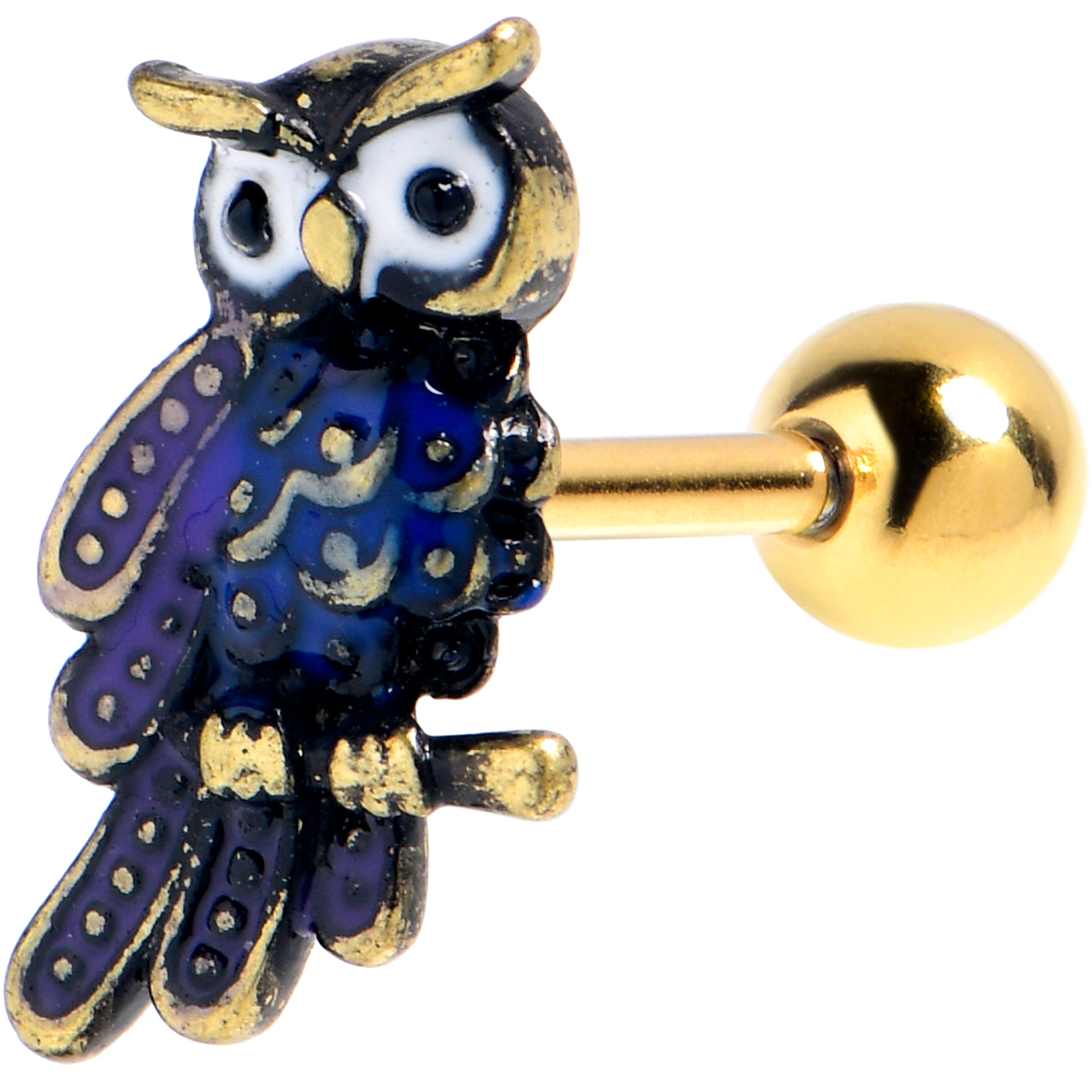16G 1/4 Gold Tone Regal Owl Blue Cartilage Tragus Earring