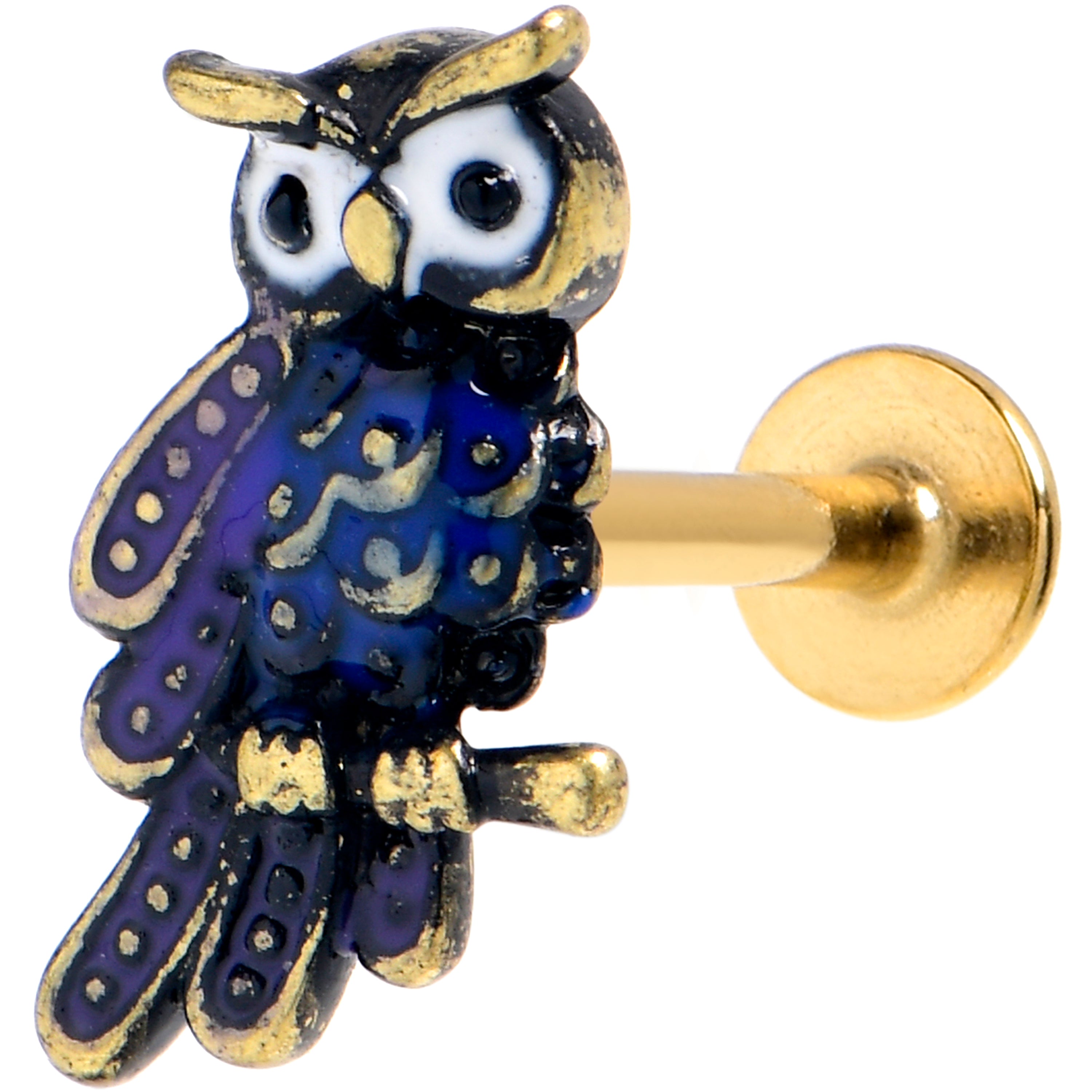 16G 5/16 Gold Tone Regal Owl Blue Labret Monroe Tragus