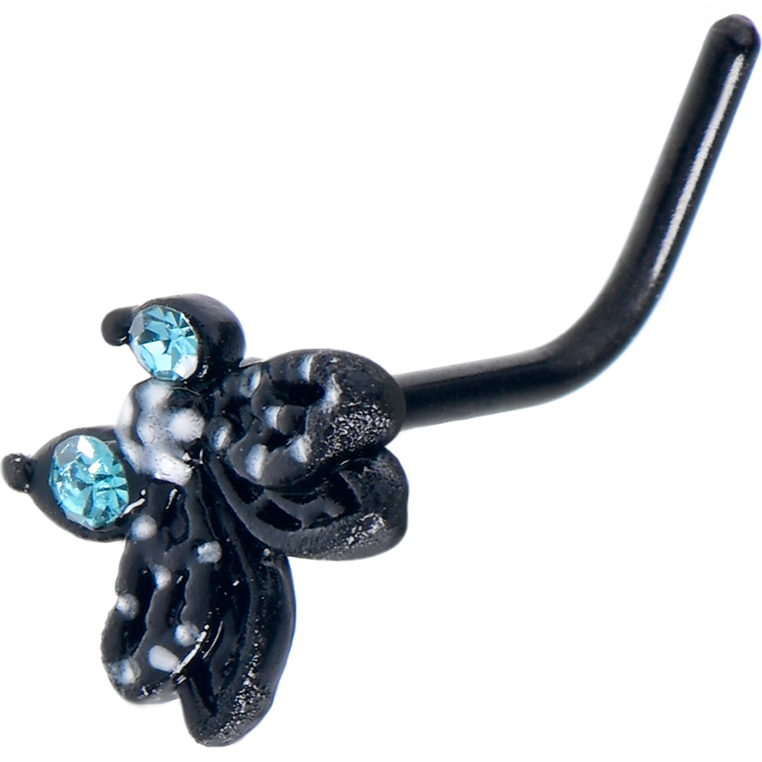 20G 7mm Blue CZ Gem Black Night Drama Butterfly L Shape Nose Ring