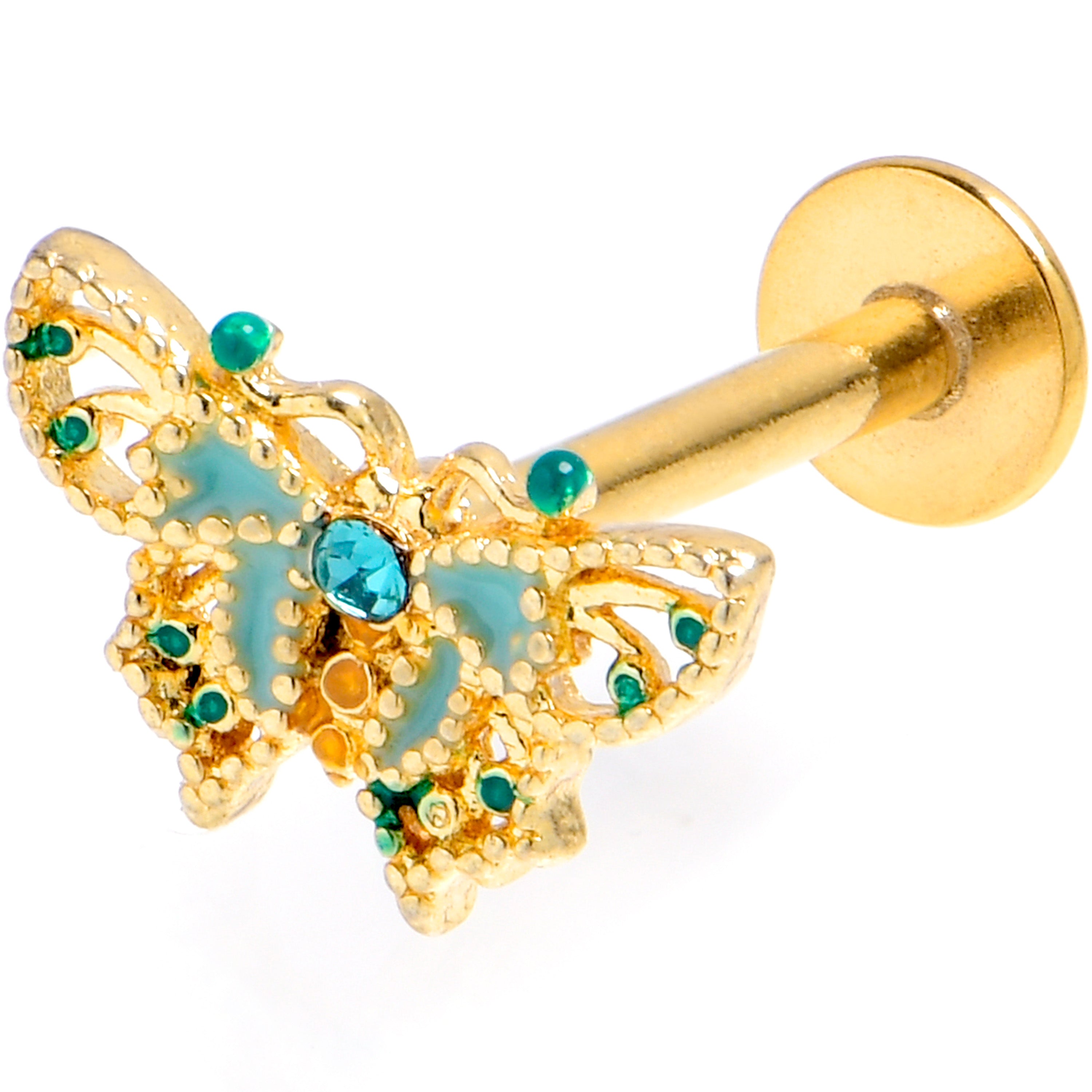 16G 5/16 Blue Gem Gold Tone Ribbon Butterfly Labret Monroe Tragus