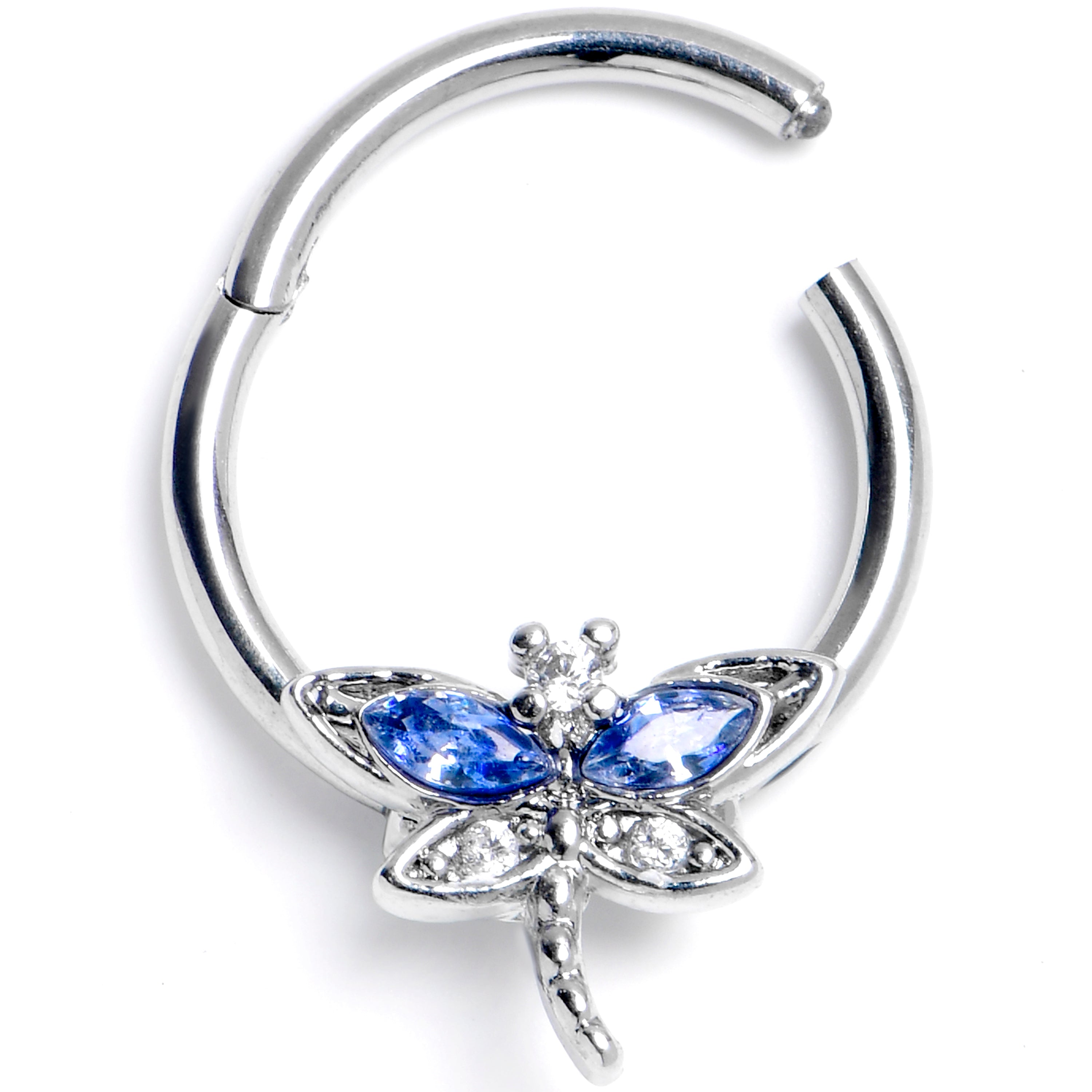 16G 3/8 Blue Clear CZ Gem Dragonfly Style Hinged Segment Ring
