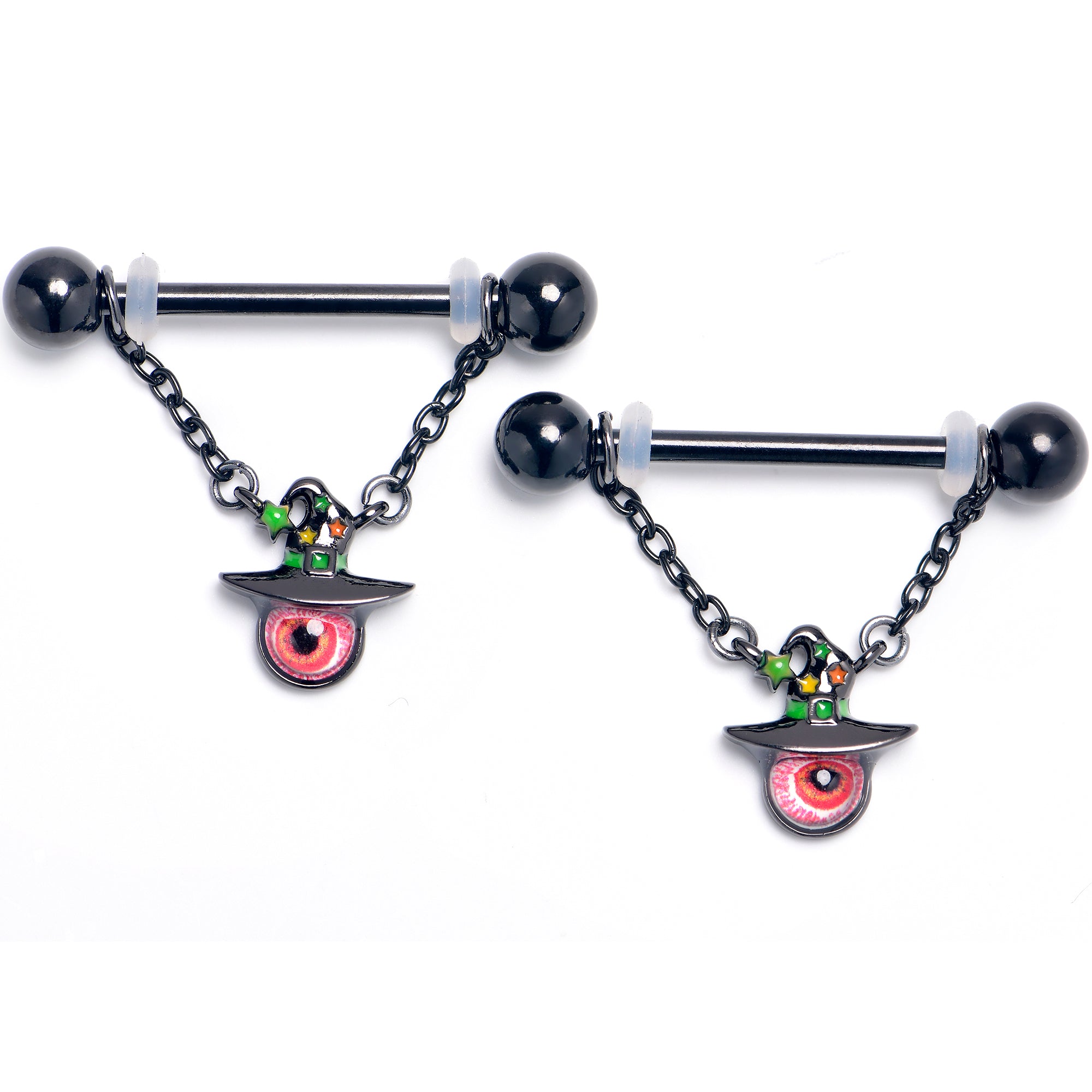 14G 9/16 Red Eye Witch Hat Chain Dangle Nipple Ring Set