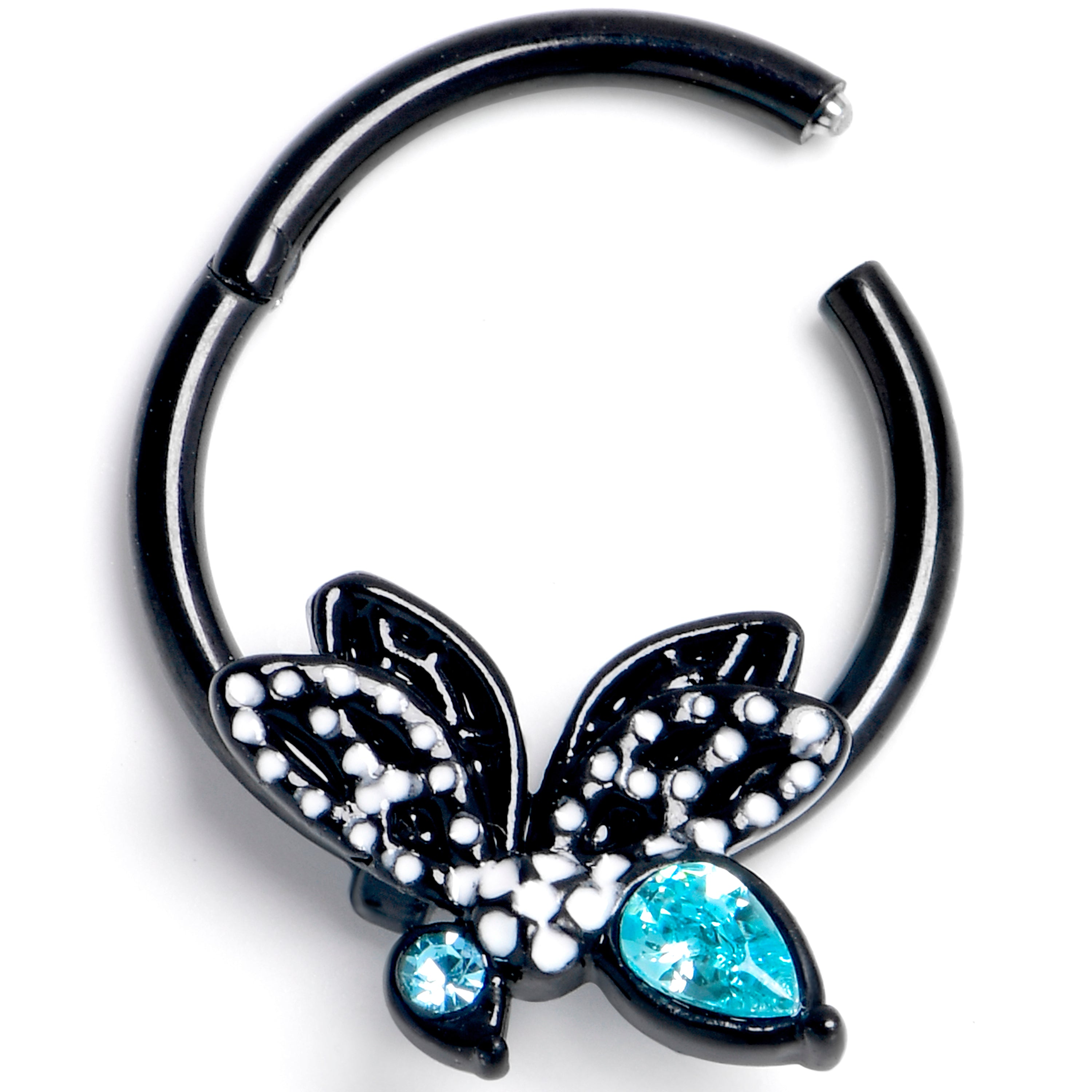 16G 3/8 Blue CZ Gem Black Night Drama Butterfly Hinged Segment Ring