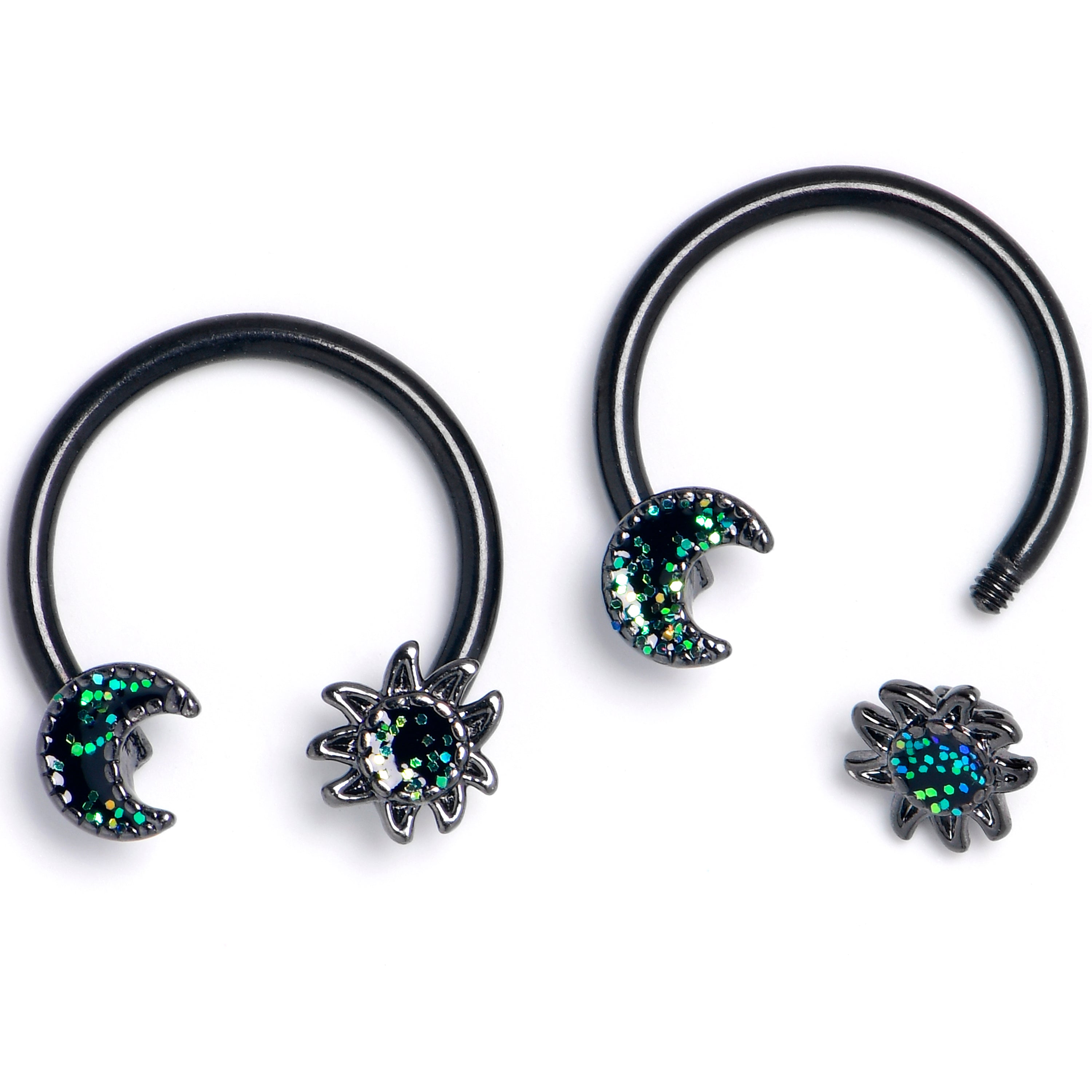 16G 3/8 Green Faux Opal Black Moon Sun BCR Horseshoe Set of 4