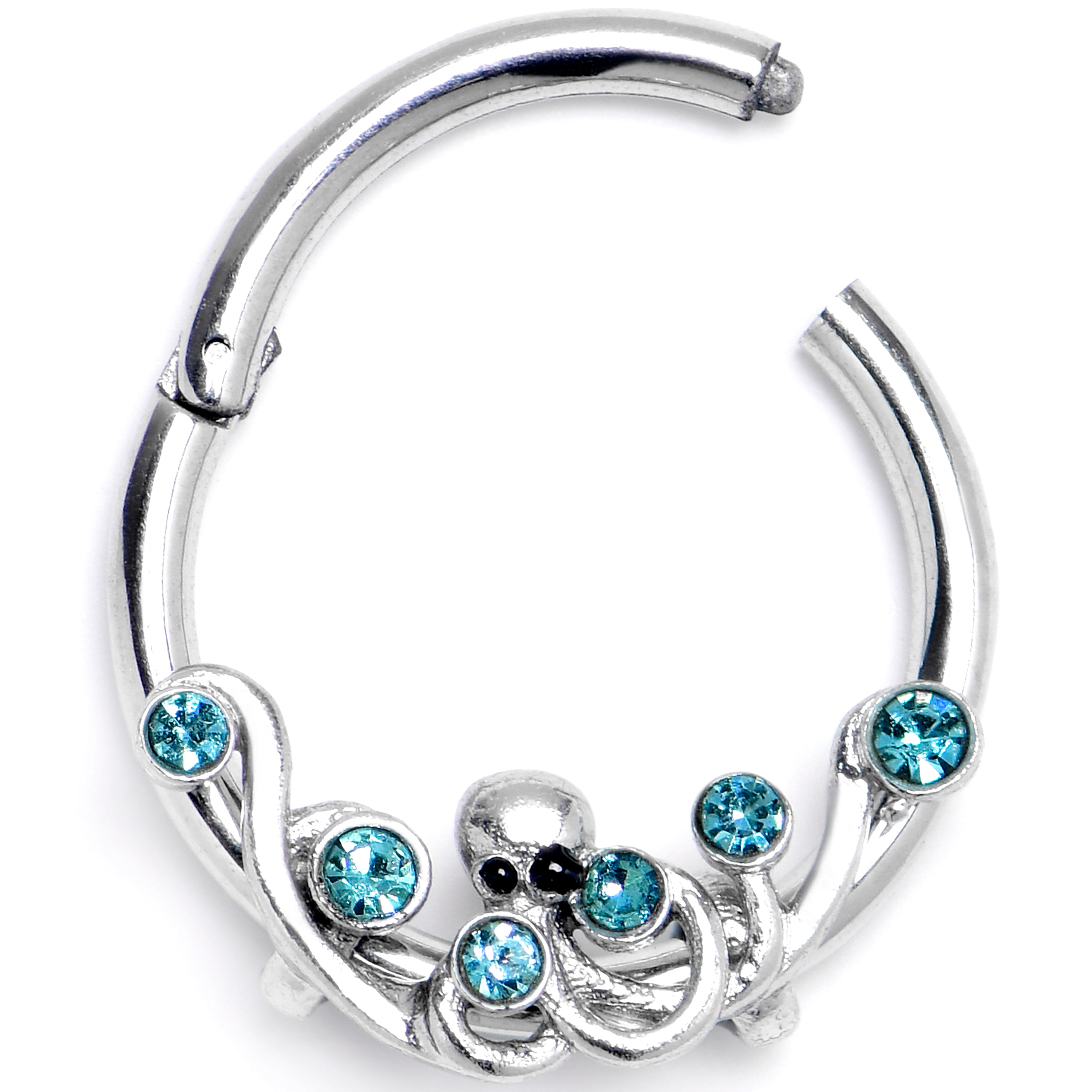 16G 3/8 Blue Gem Scrolling Elegance Hinged Segment Ring