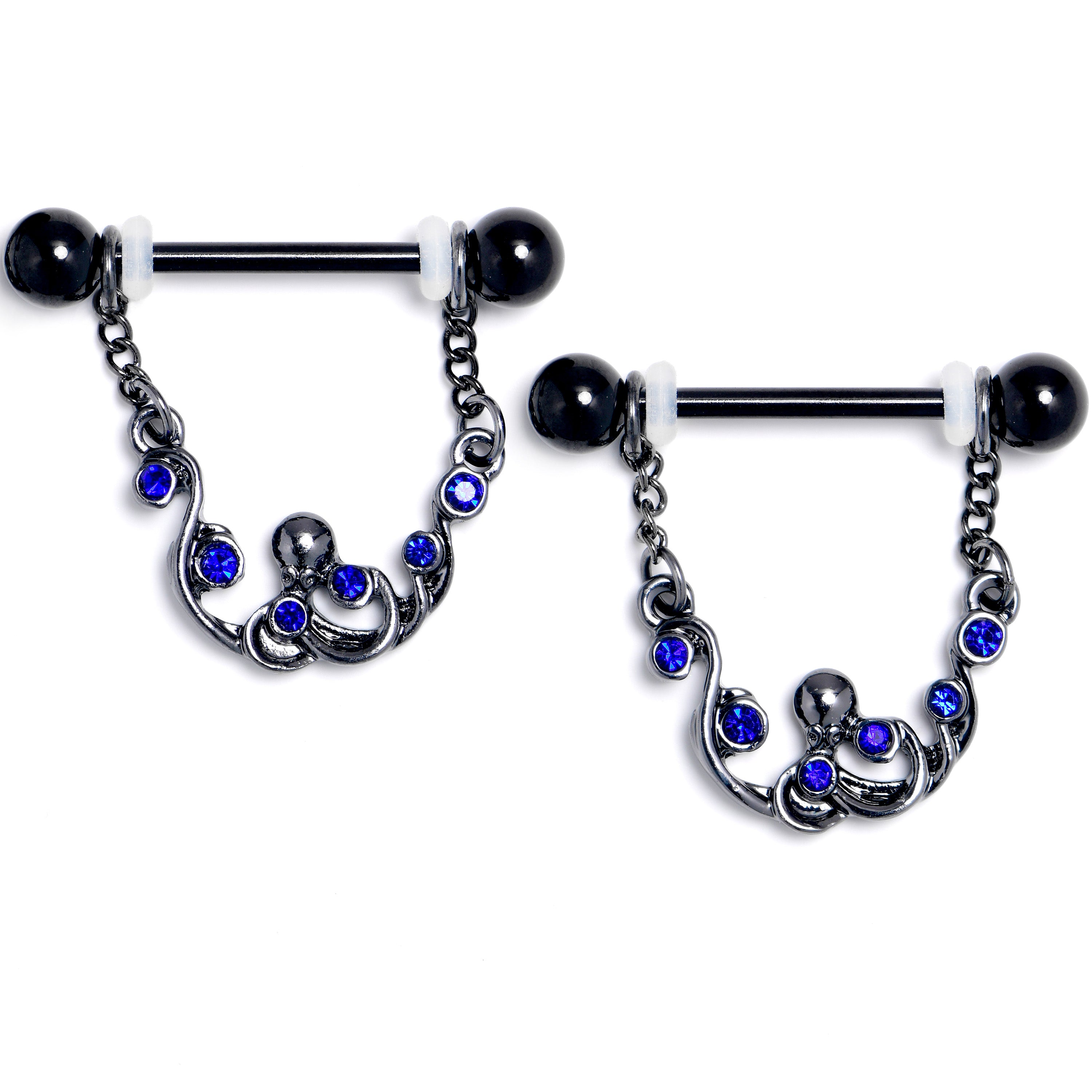 14G 9/16 Blue Gem Black Scrolling Elegance Dangle Nipple Ring Set