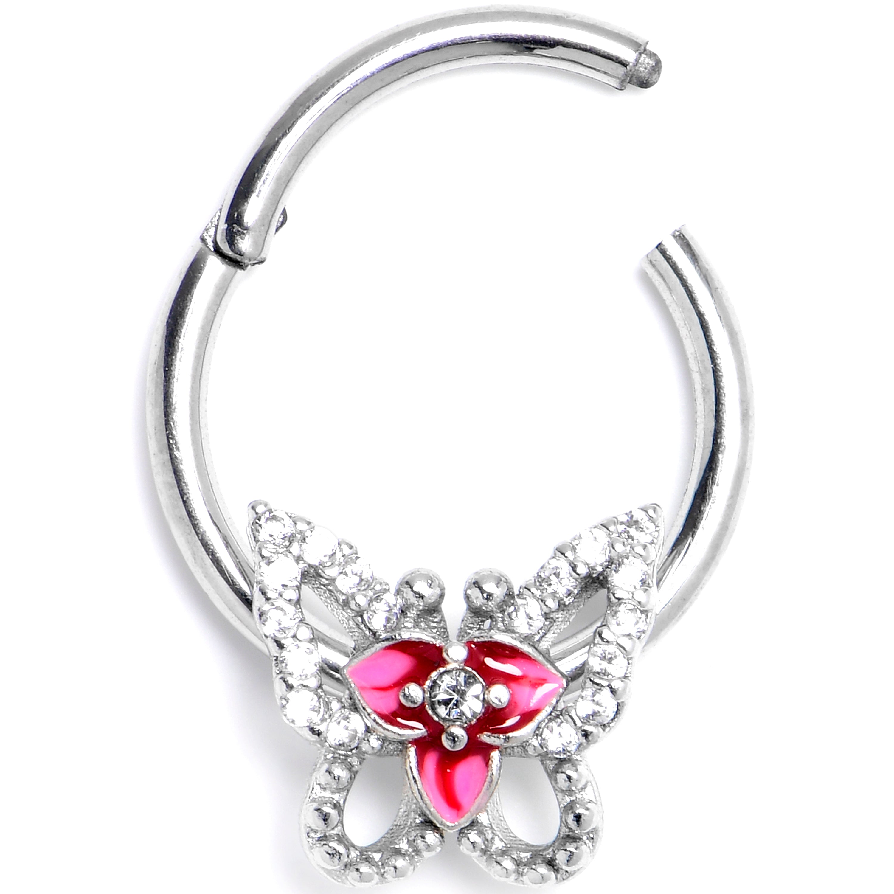 16G 3/8 Clear Gem Fabulous Butterfly Pink Hinged Segment Ring