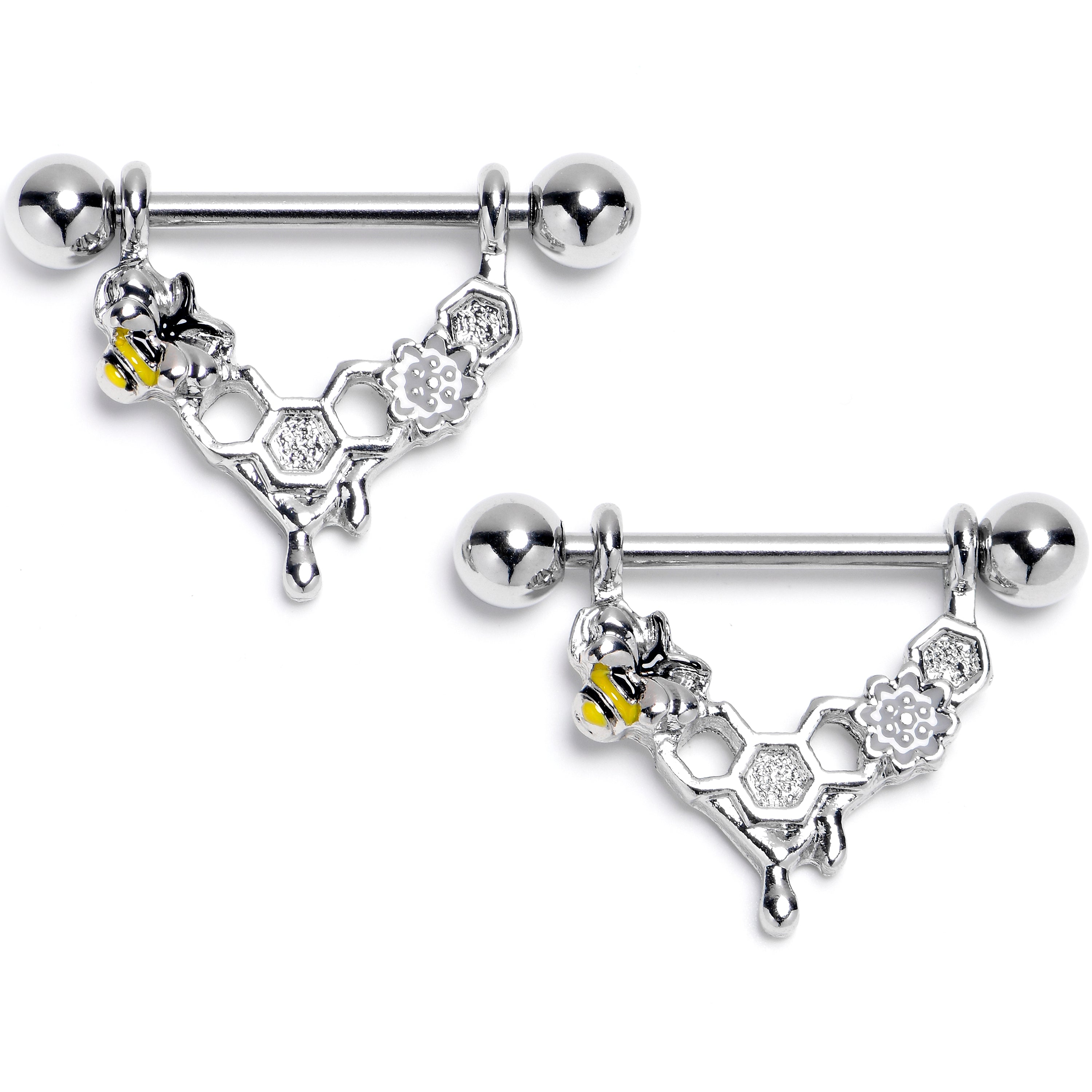 14G 9/16 Bee Hive Honey Dripper Dangle Nipple Ring Set