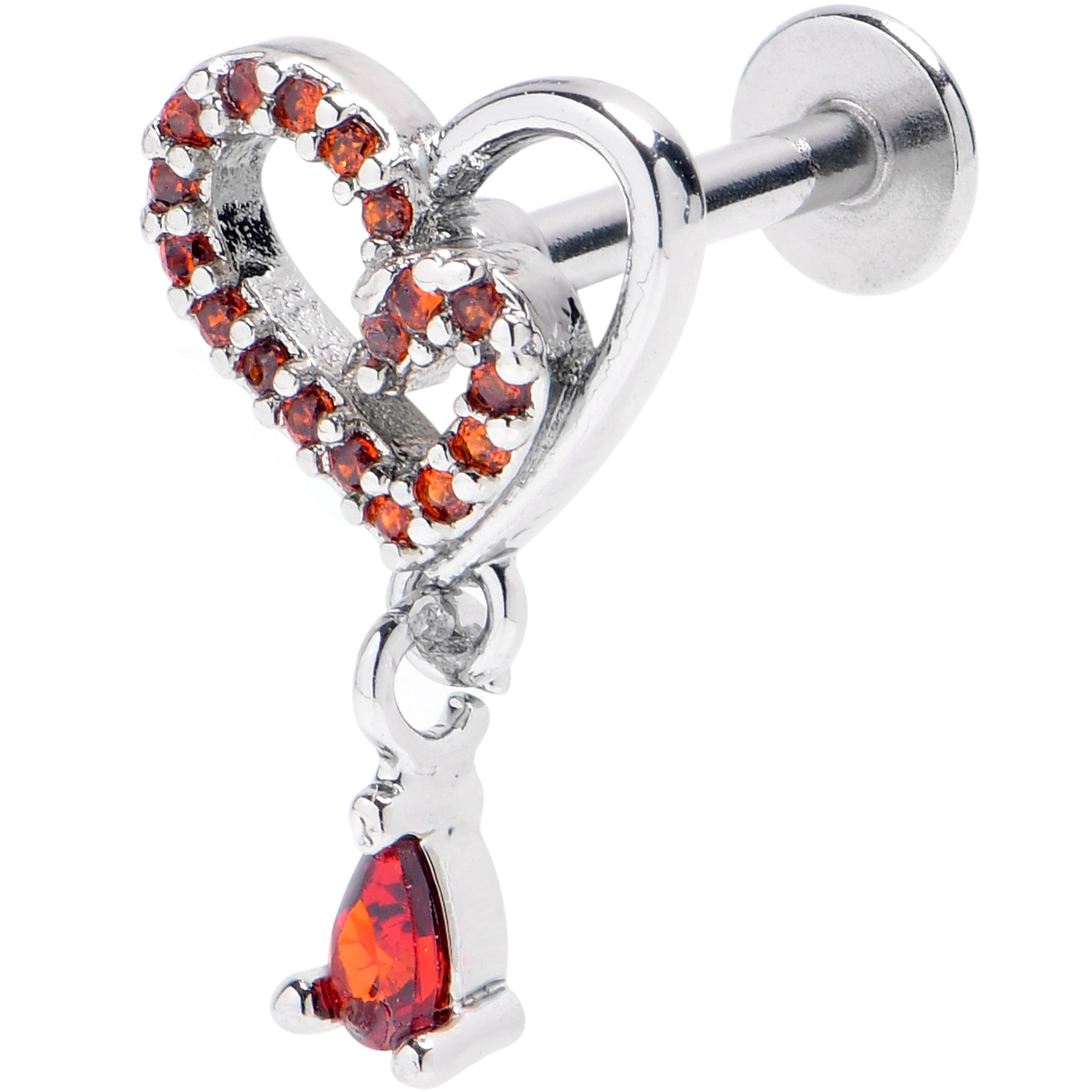16G 5/16 Red CZ Gem Asymmetrical Heart Dangle Labret Monroe Tragus