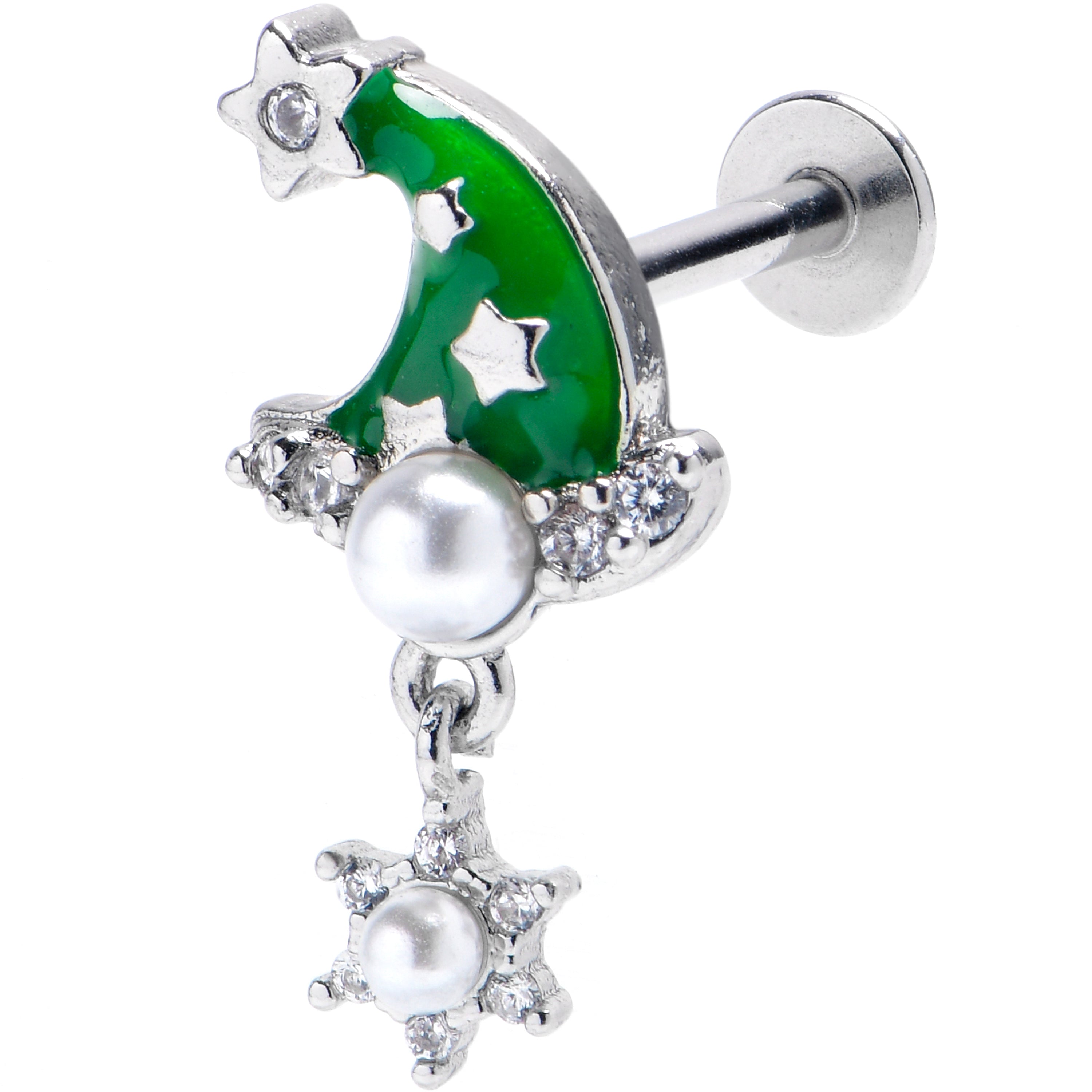 16G 5/16 Clear Gem Santa Hat Stars Green Dangle Labret Monroe Tragus