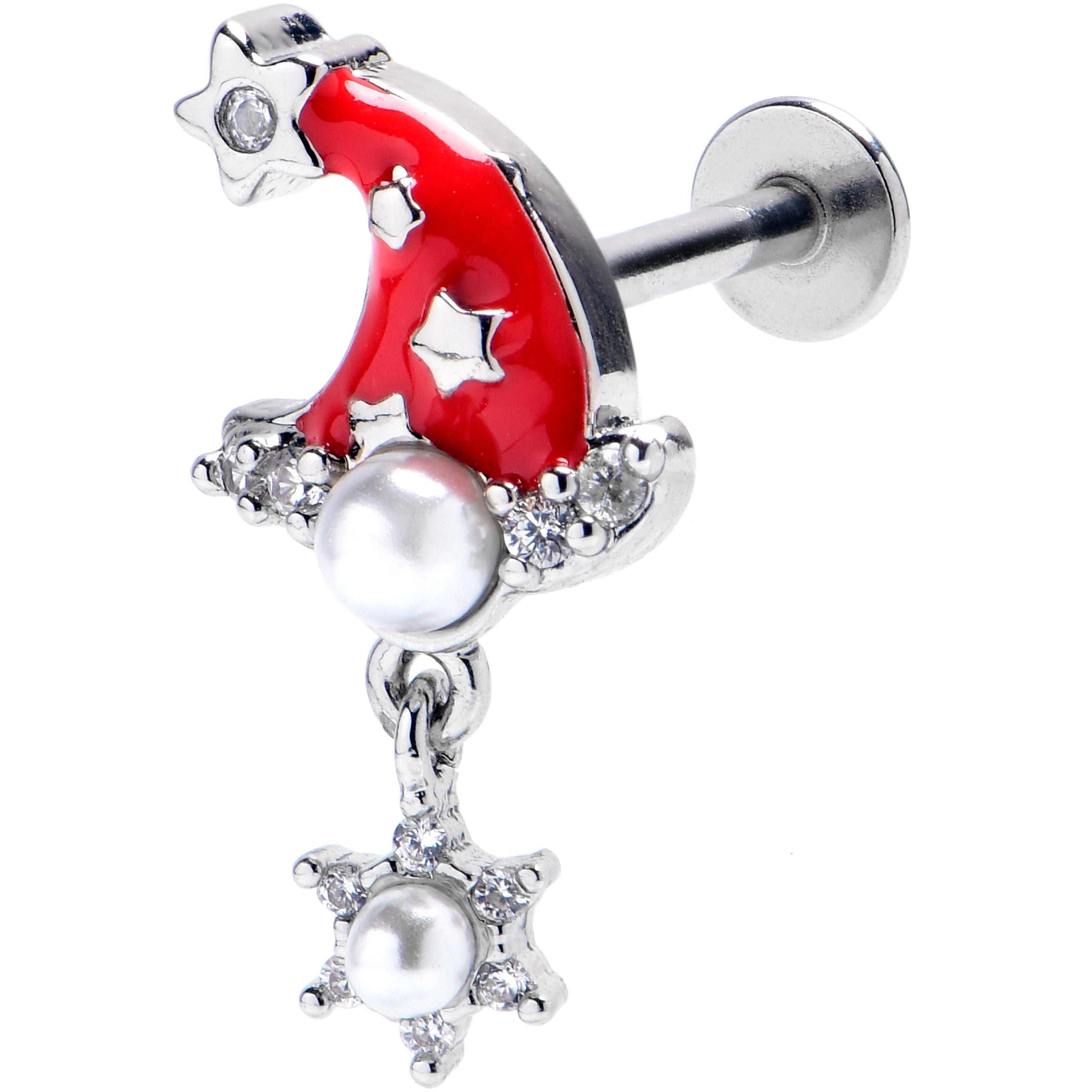 16G 5/16 Clear Gem Santa Hat Stars Red Dangle Labret Monroe Tragus